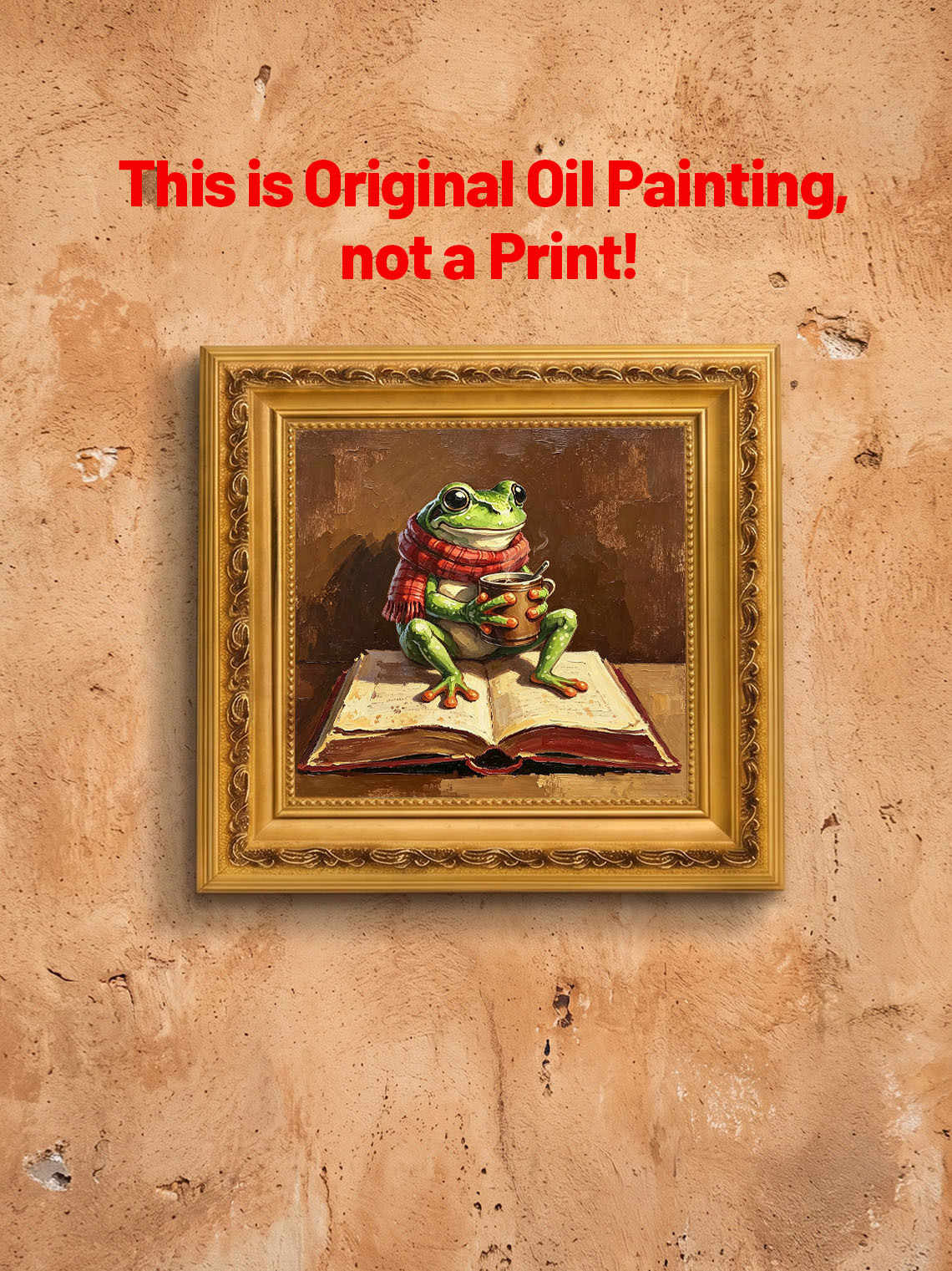 Cozy Whimsical Frog With Red Scarf Holding Hot Mug Sitting On Open Book  Wall Art Custom oil painting from photo, Gift for friend，Size 4x4