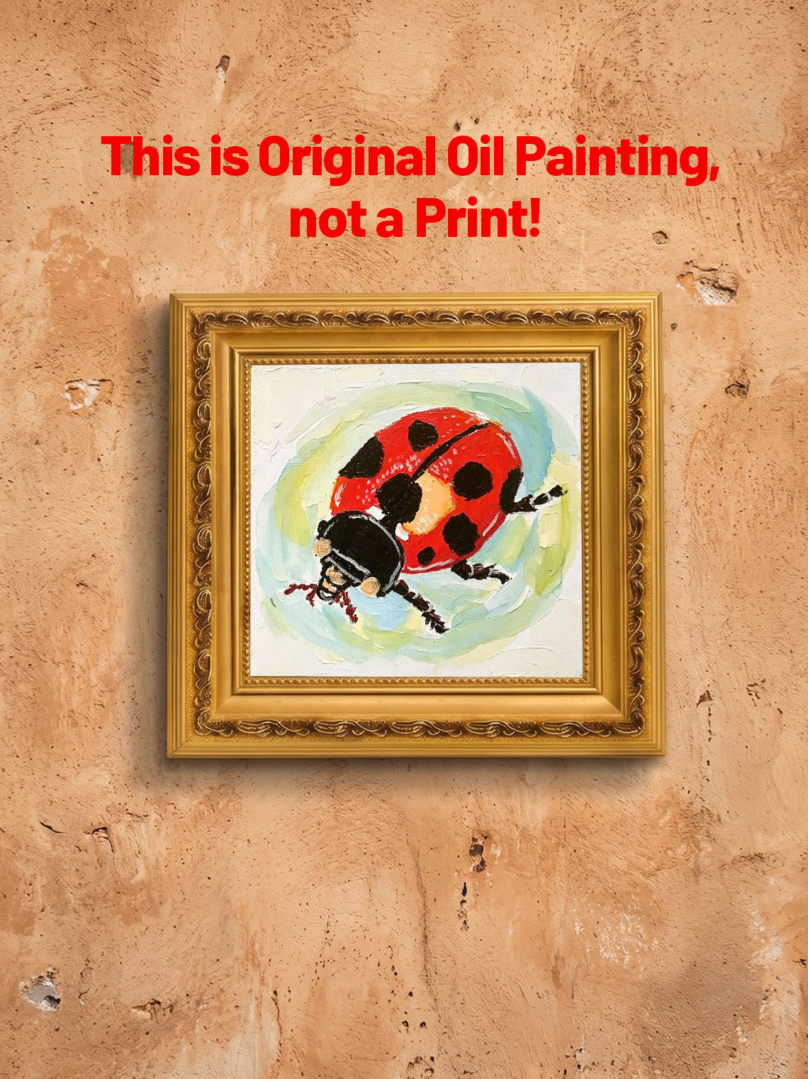 Thick Impasto Red Spotted Ladybug Textured Pastel Background Hand Painted Wall Art Custom oil painting from photo, Gift for friend，Size 4x4