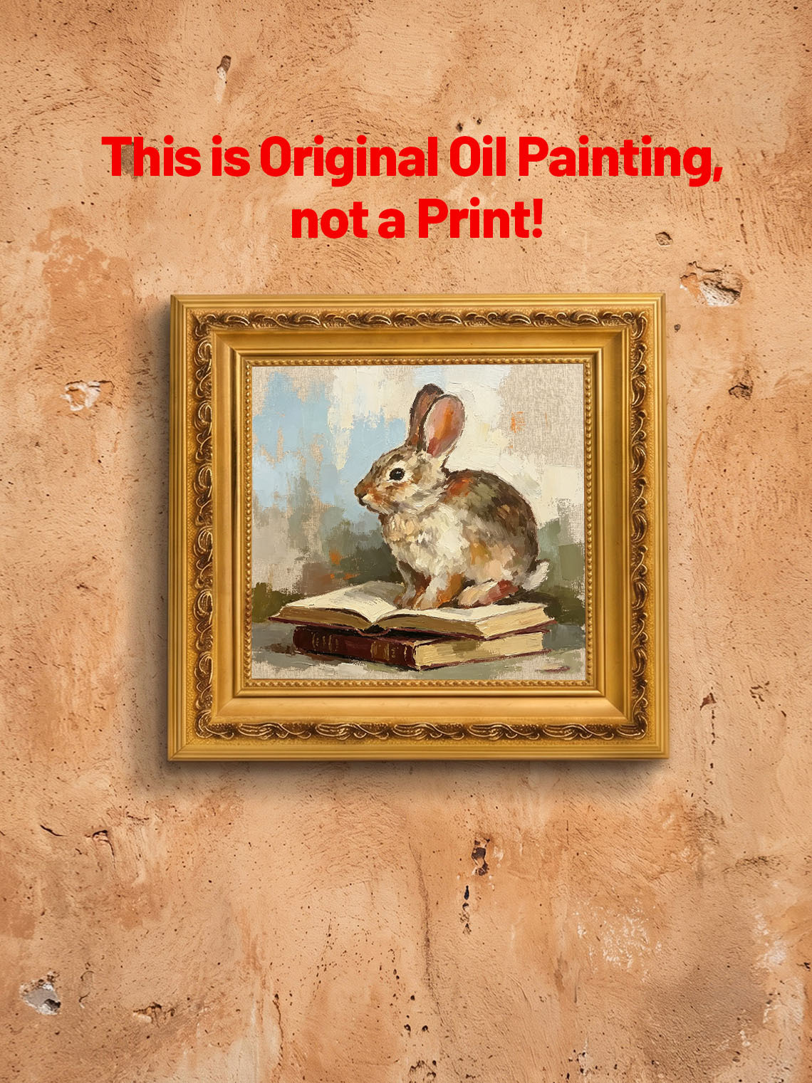 Brown Cottontail Rabbit Sitting On Stacked Old Books Soft Muted Background Custom oil painting from photo, Gift for friend，Size 4x4