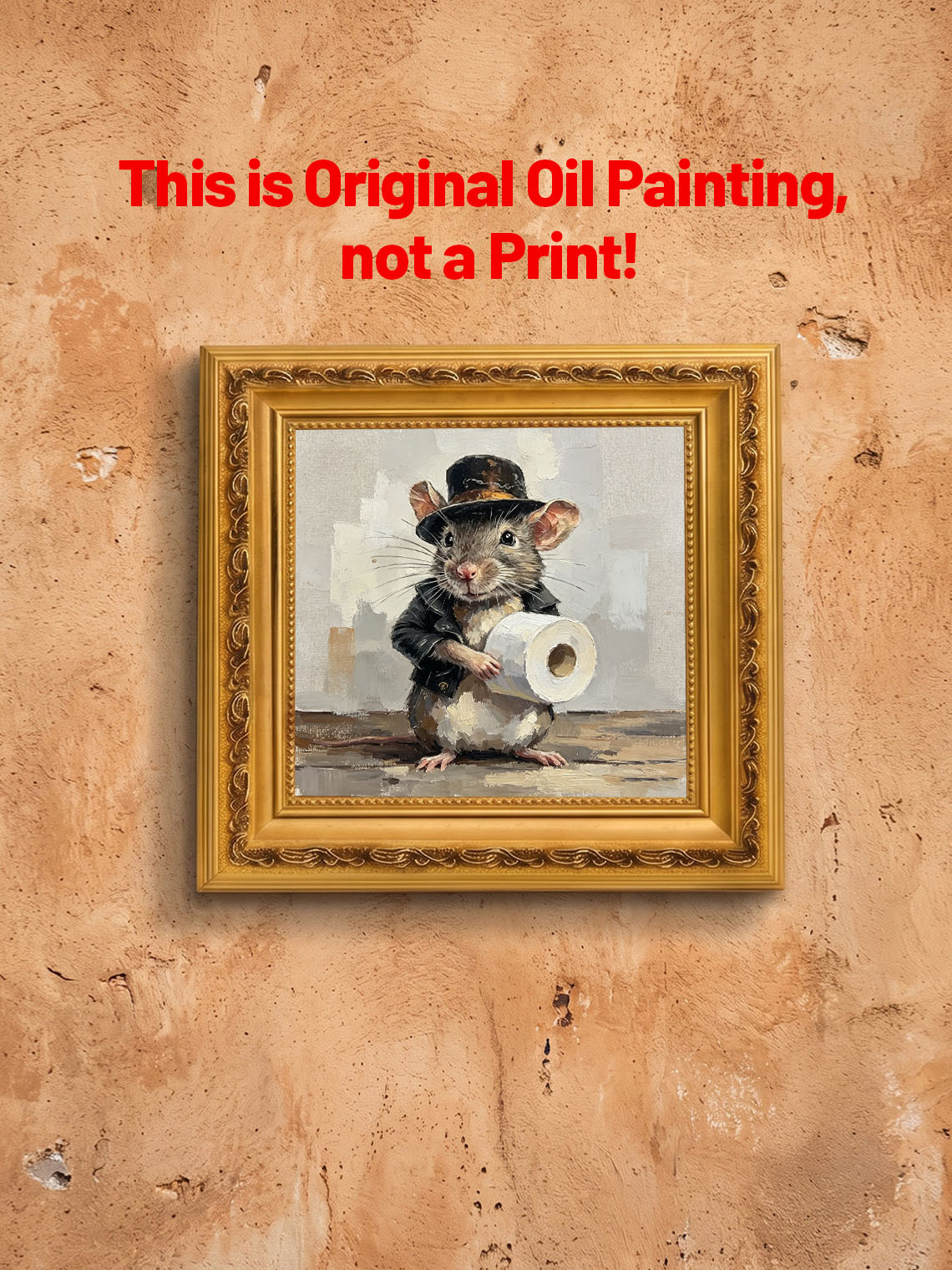 Gentleman Mouse Holding Toilet Paper Roll Neutral Textured Background Custom oil painting from photo, Gift for friend，Size 4x4