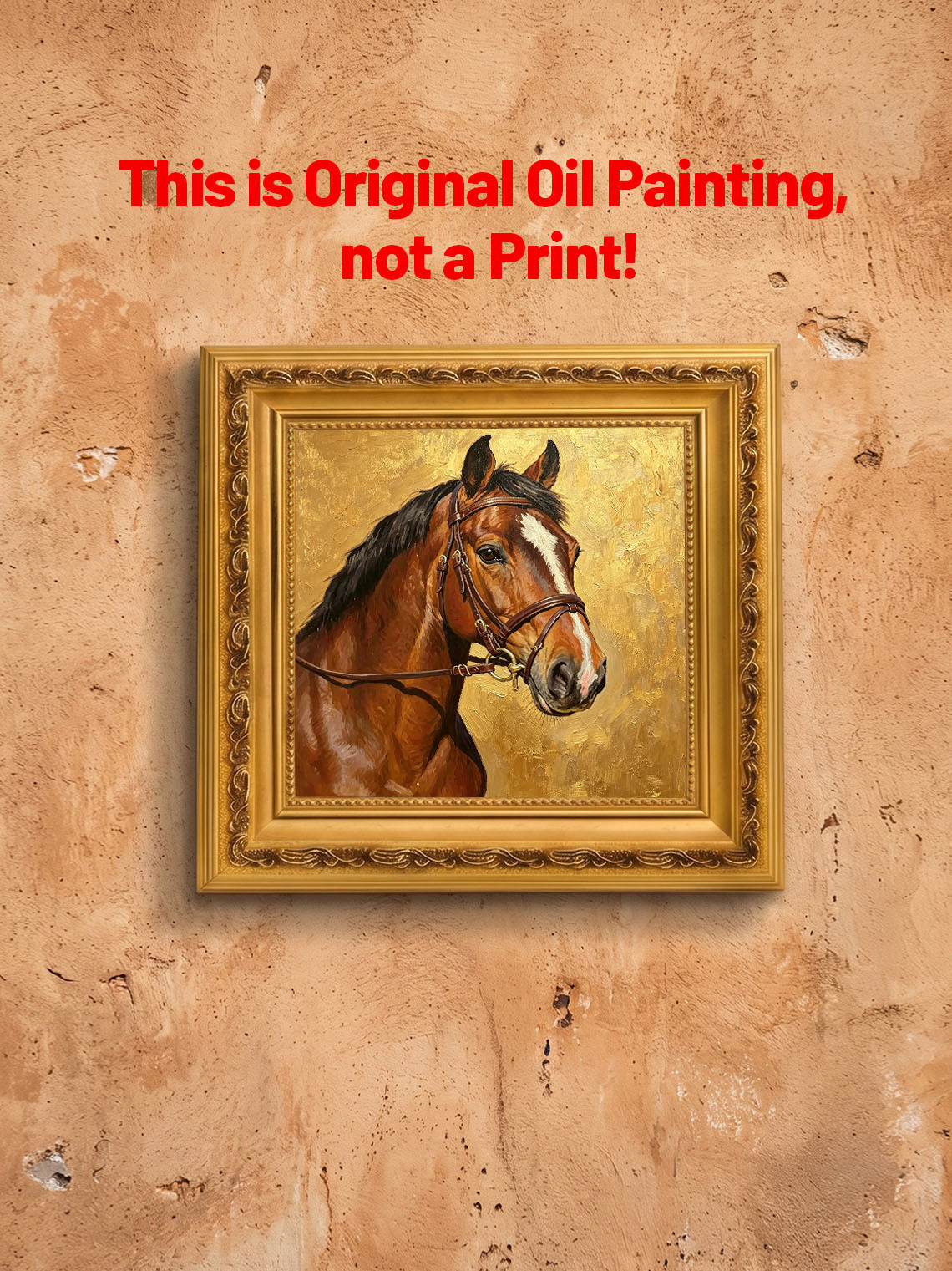 Bay Horse Portrait With Leather Bridle Textured Metallic Gold Background  Wall Art Custom oil painting from photo, Gift for friend，Size 4x4