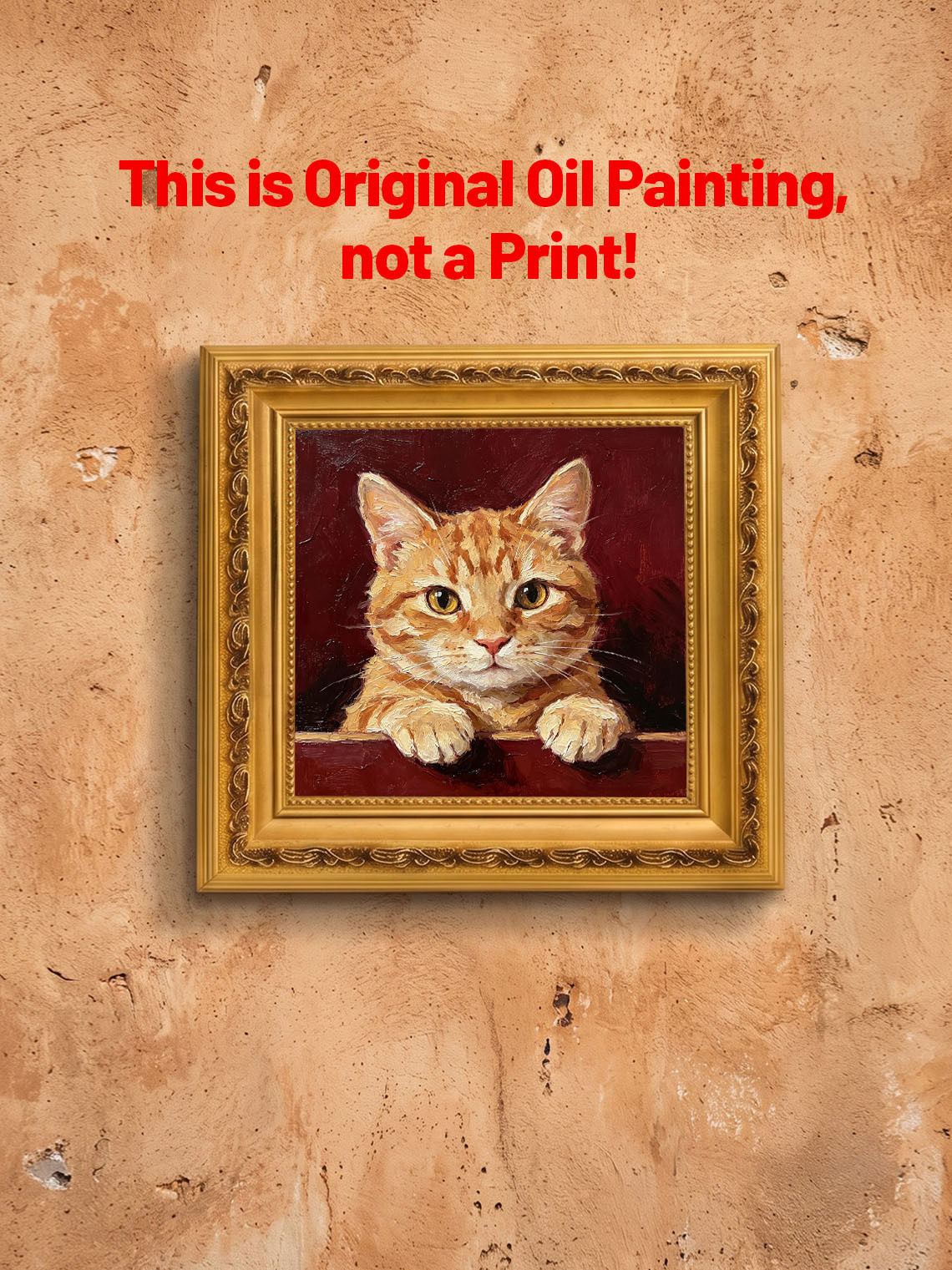 Ginger Tabby Cat Portrait Paws Resting On Edge Deep Burgundy Textured Background  Custom oil painting from photo, Gift for friend，Size 4x4
