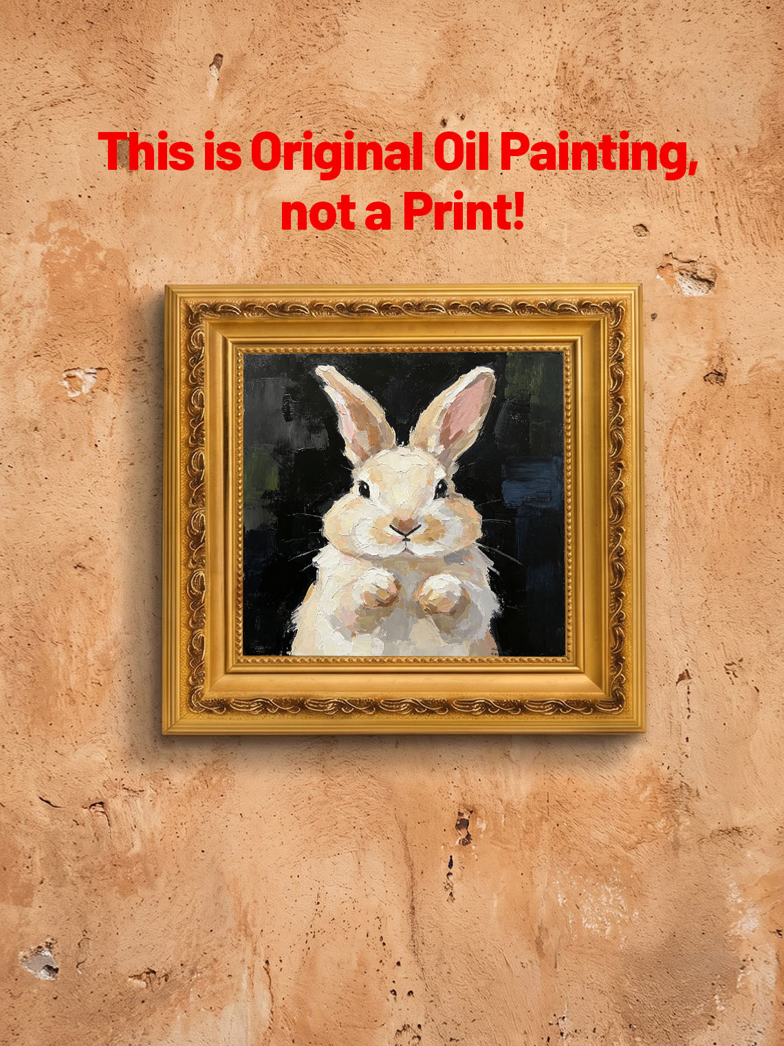 Thick Impasto Light Cream Bunny Portrait Paws Up Dark Moody Textured Background  Custom oil painting from photo, Gift for friend，Size 4x4