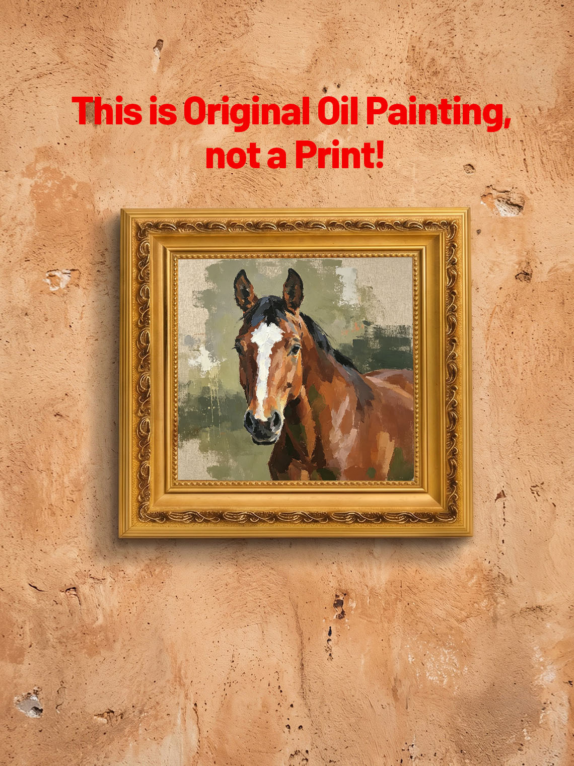 Bay Horse Portrait With White Blaze Muted Sage Green Textured Linen Background  Custom oil painting from photo, Gift for friend，Size 4x4