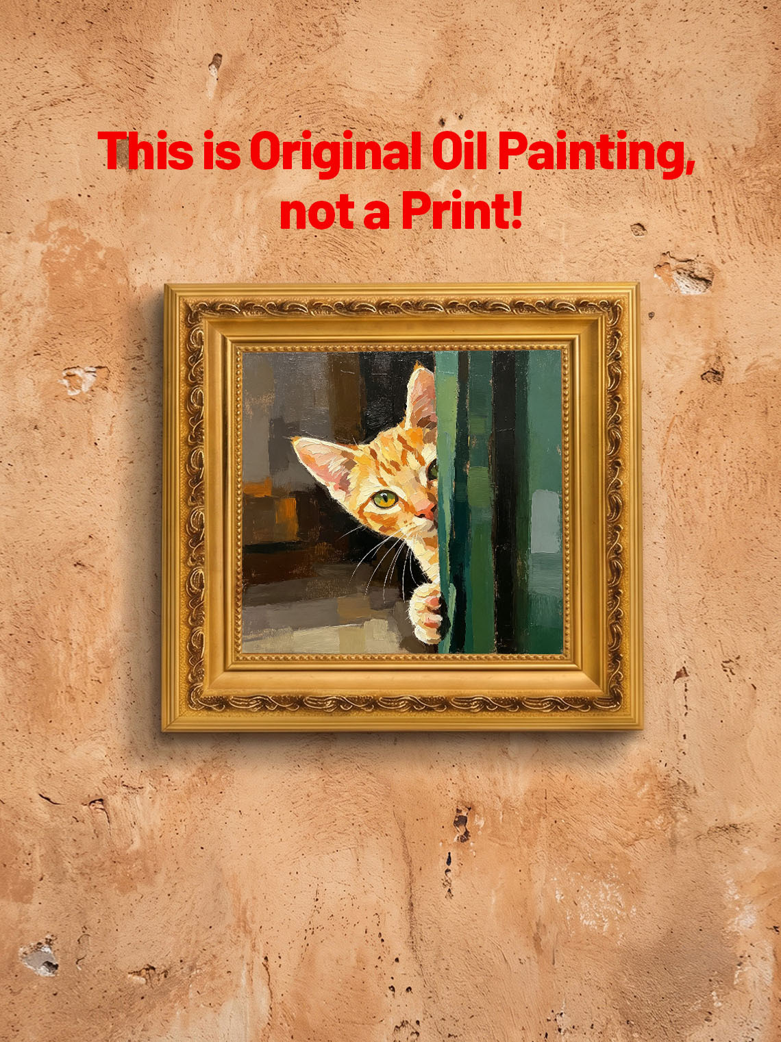 Tabby Kitten Peeking Around Green Door Bold Textured Warm Earth‑Tone Background  Custom oil painting from photo, Gift for friend，Size 4x4