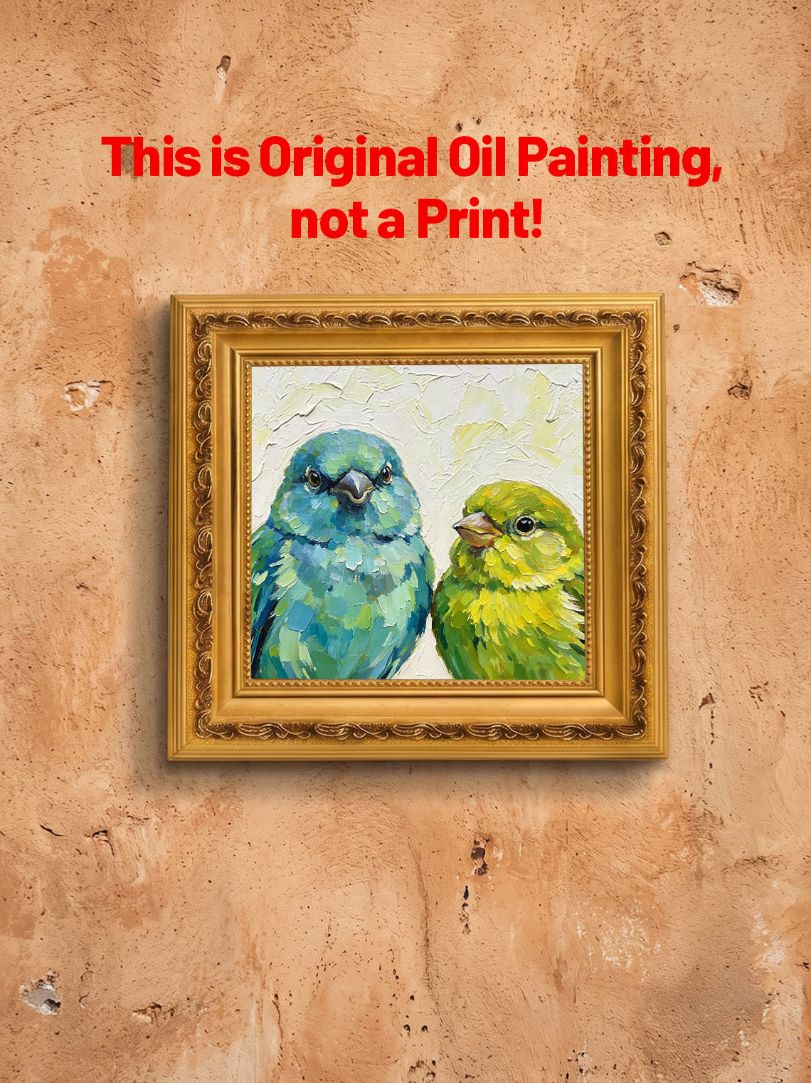 Pair Of Parrotlets Portrait Bold Oil Painting Soft Off‑White Textured Background  Custom oil painting from photo, Gift for friend，Size 4x4