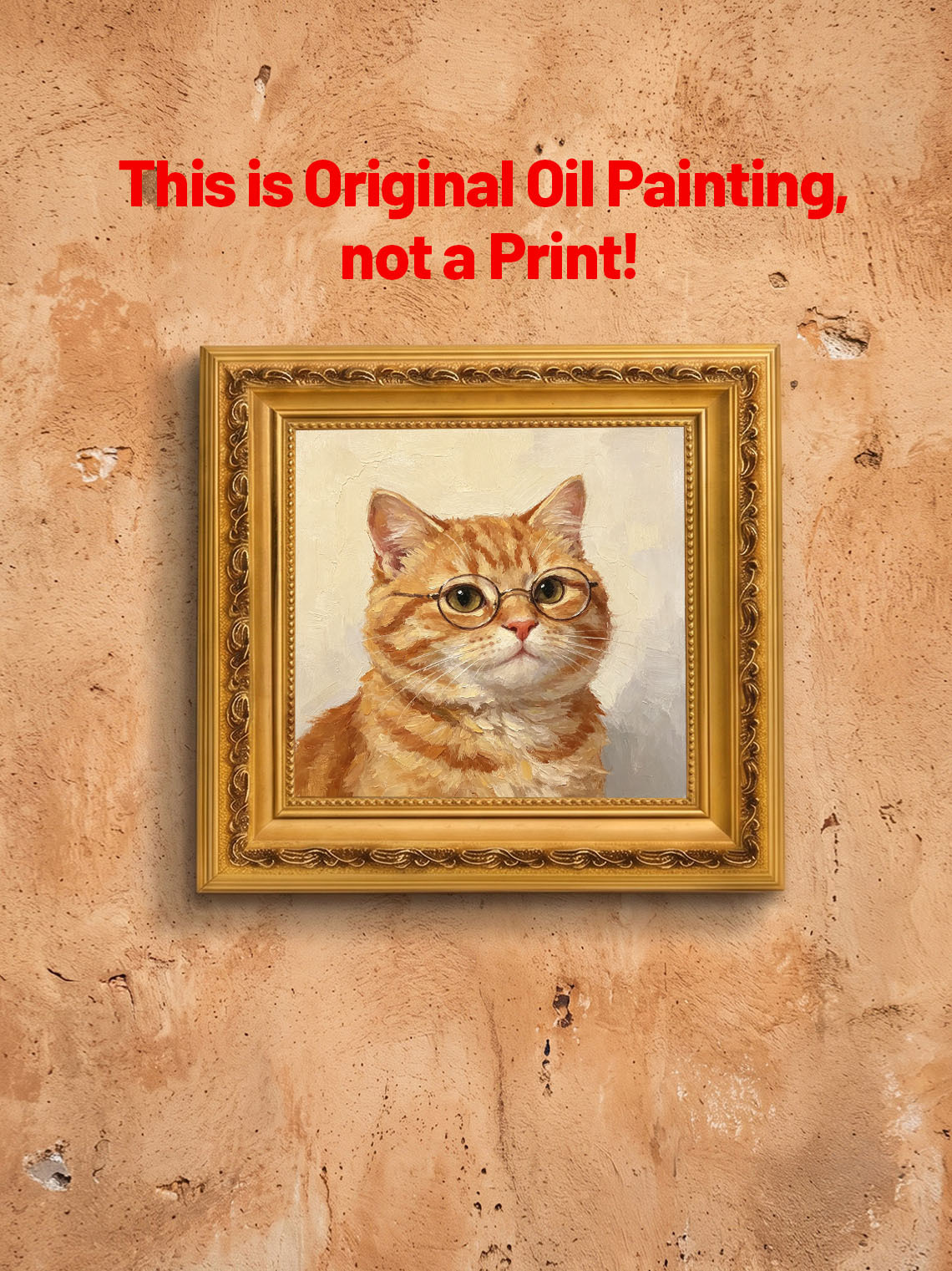 Ginger Tabby Cat Wearing Glasses Oil Painting Soft Cream Textured Background Custom oil painting from photo, Gift for friend，Size 4x4