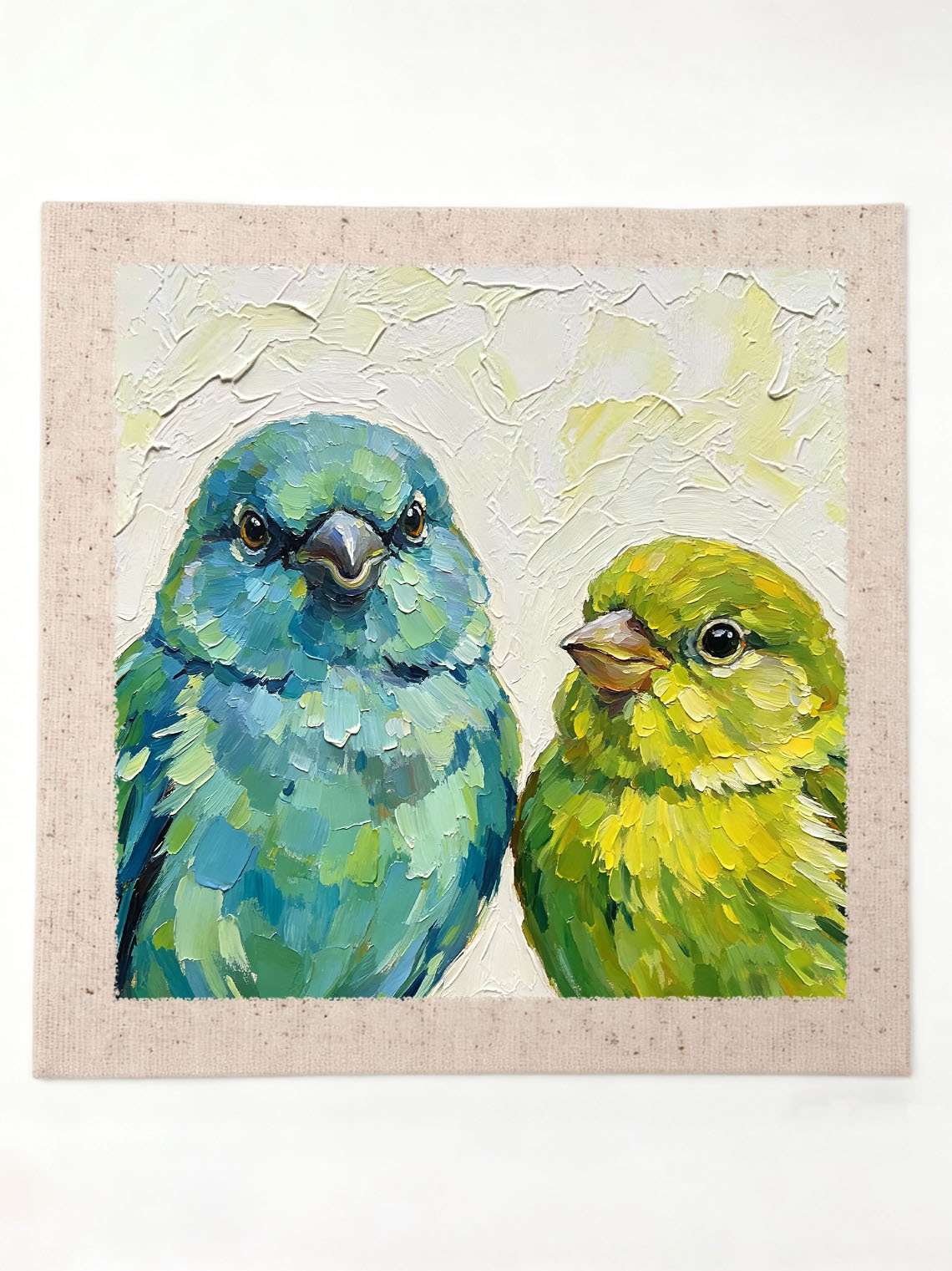 Pair Of Parrotlets Portrait Bold Oil Painting Soft Off‑White Textured Background  Custom oil painting from photo, Gift for friend，Size 4x4