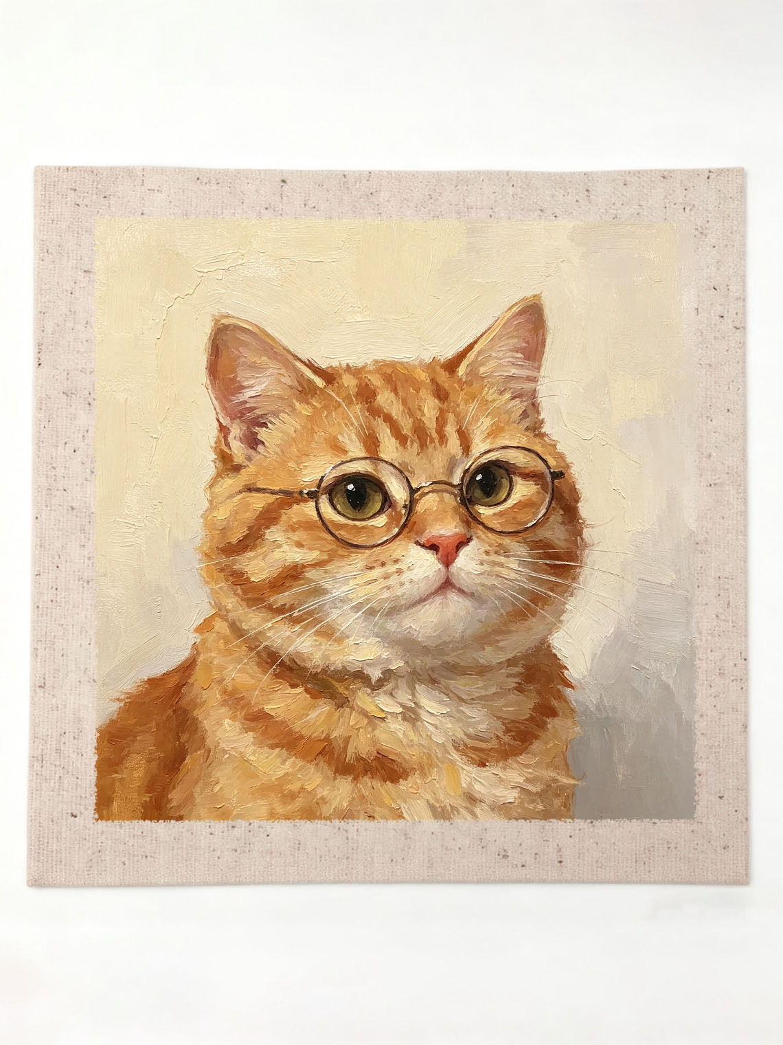 Ginger Tabby Cat Wearing Glasses Oil Painting Soft Cream Textured Background Custom oil painting from photo, Gift for friend，Size 4x4