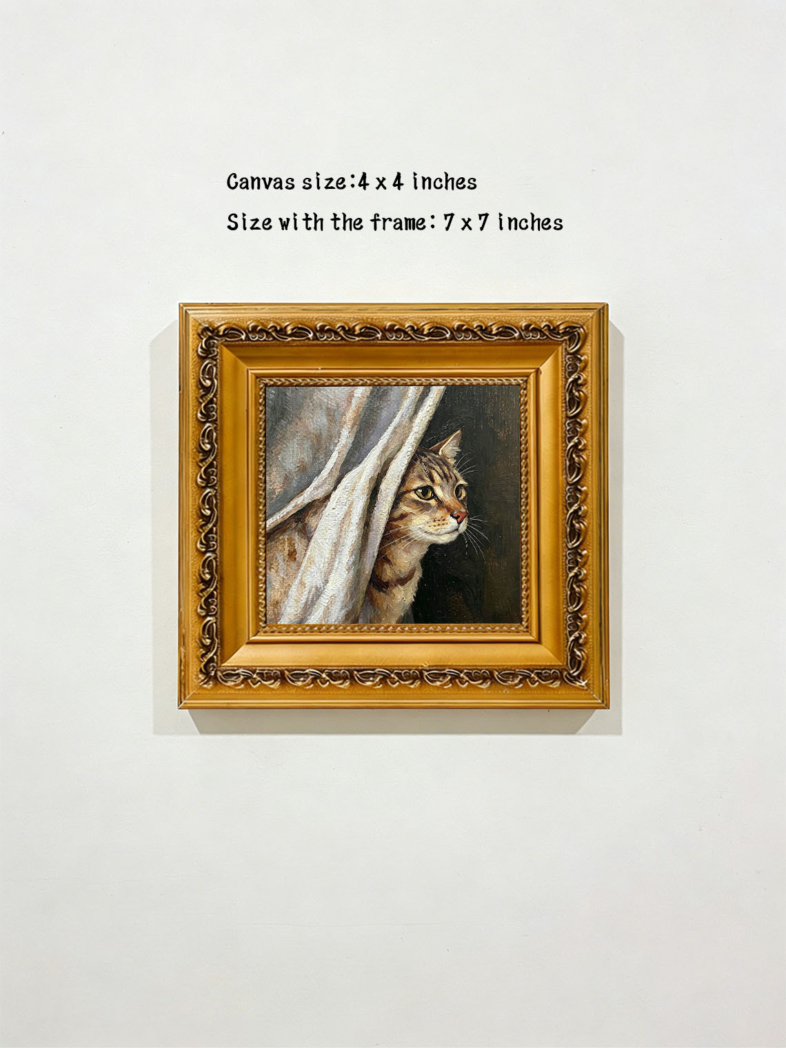 Tabby Cat Behind Curtain custom oil painting from photo, gift for friend, Size 4"×4"