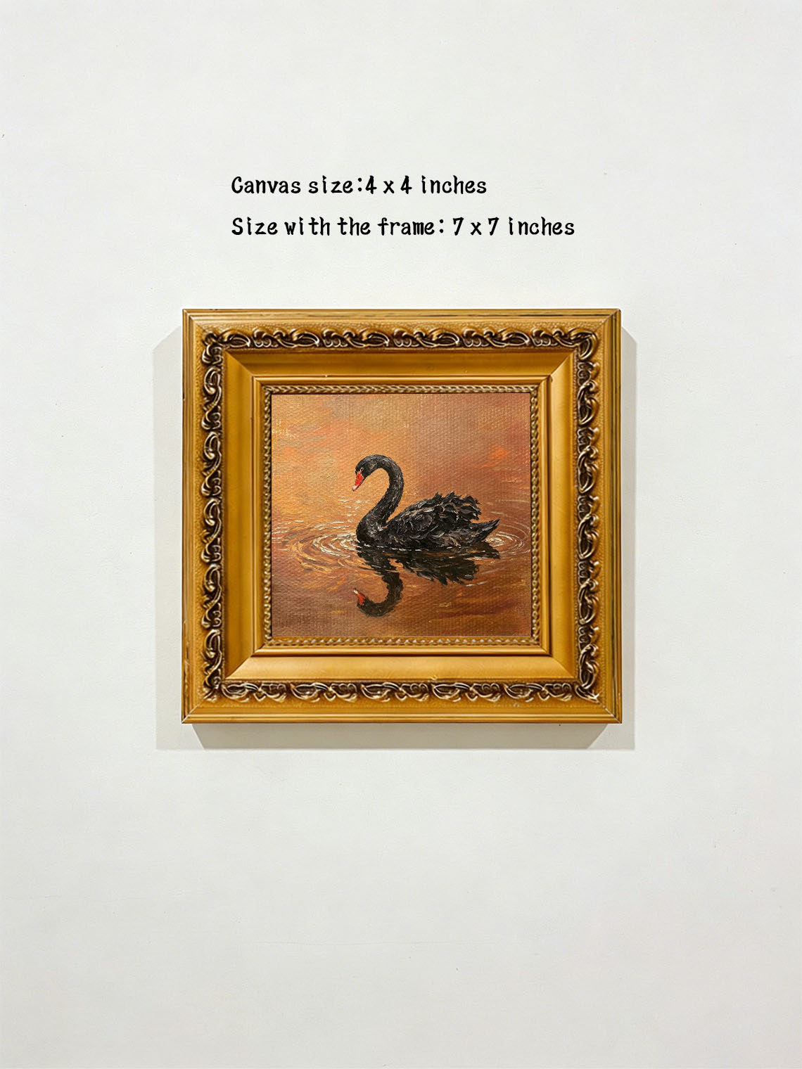 Black Swan Water Scene custom oil painting from photo, gift for friend, Size 4"×4"