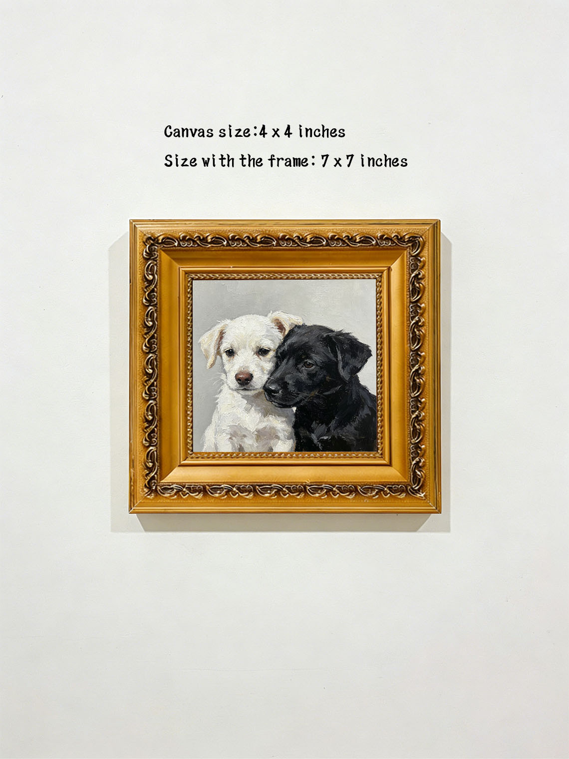 Two Puppies Black White custom oil painting from photo, gift for friend, Size 4"×4"
