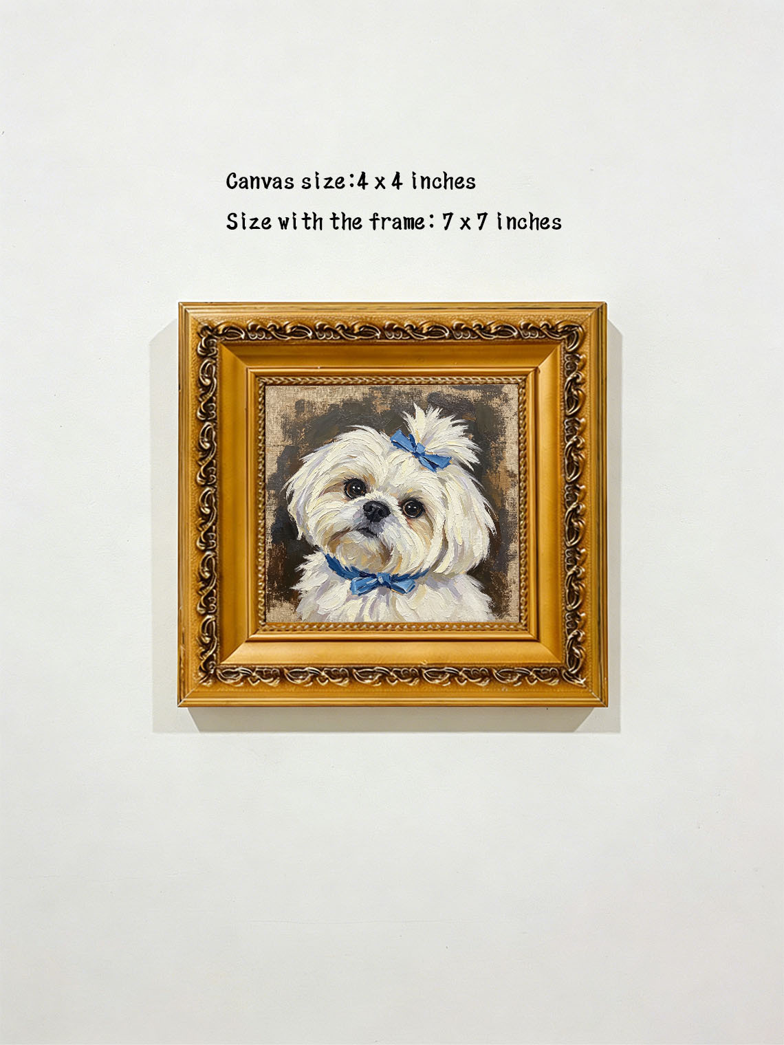 Maltese Dog With Blue Bows custom oil painting from photo, gift for friend, Size 4"×4"