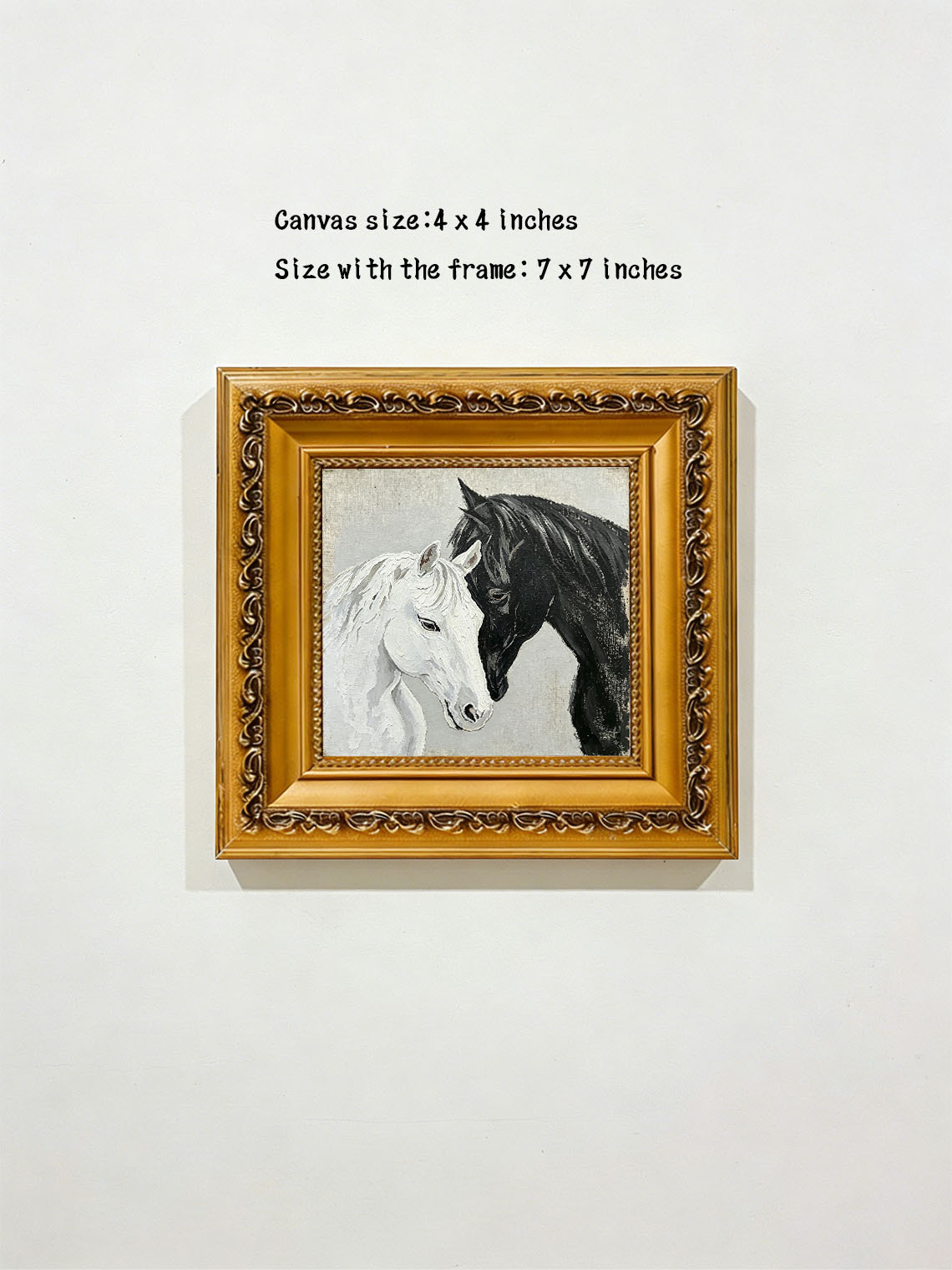 Two Horses Black White custom oil painting from photo, gift for friend, Size 4"×4"