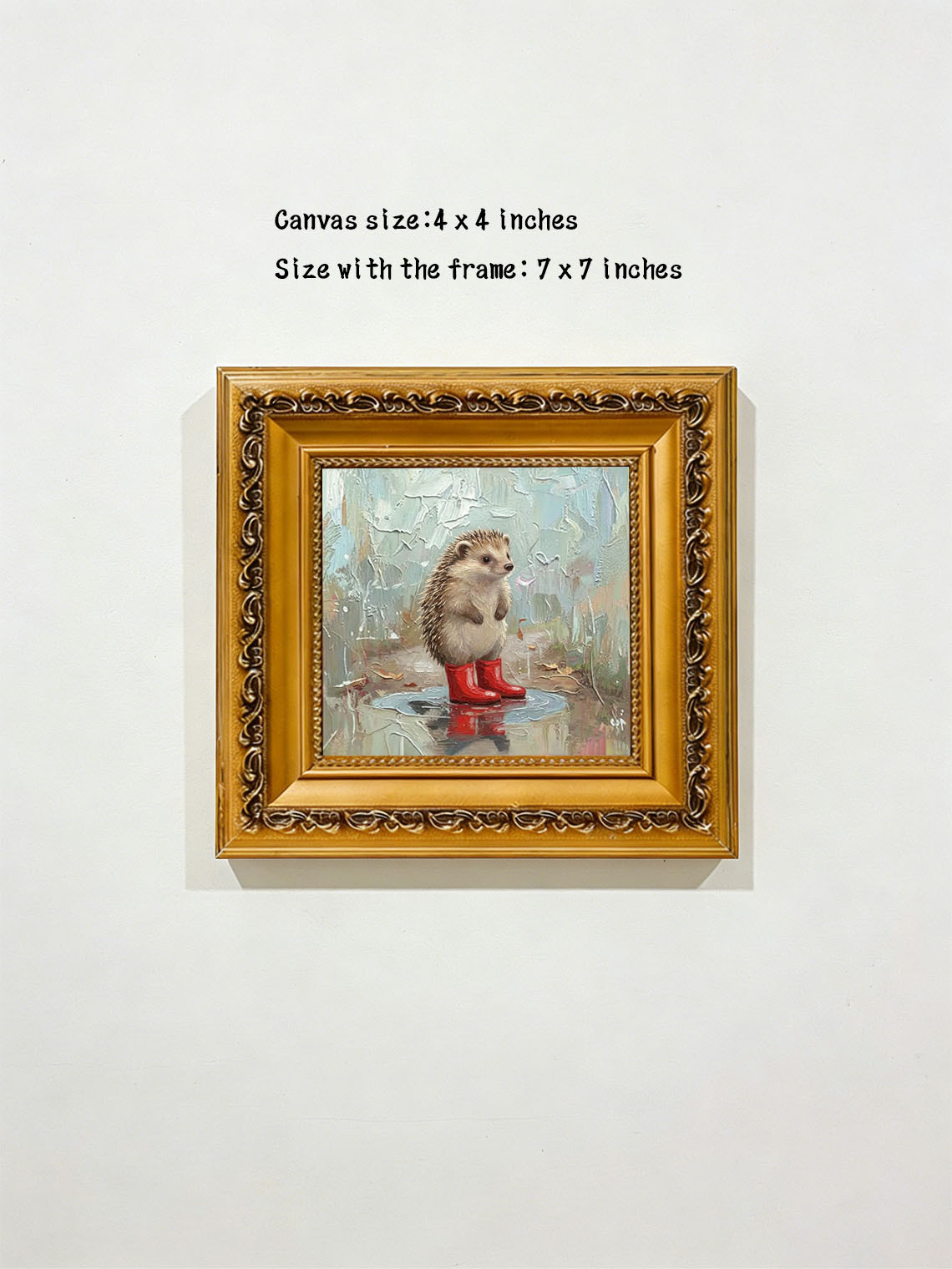 Cute Hedgehog In Red Rain Boots Hand Painted Wall Art Custom oil painting from photo, Gift for friend，Size 4x4