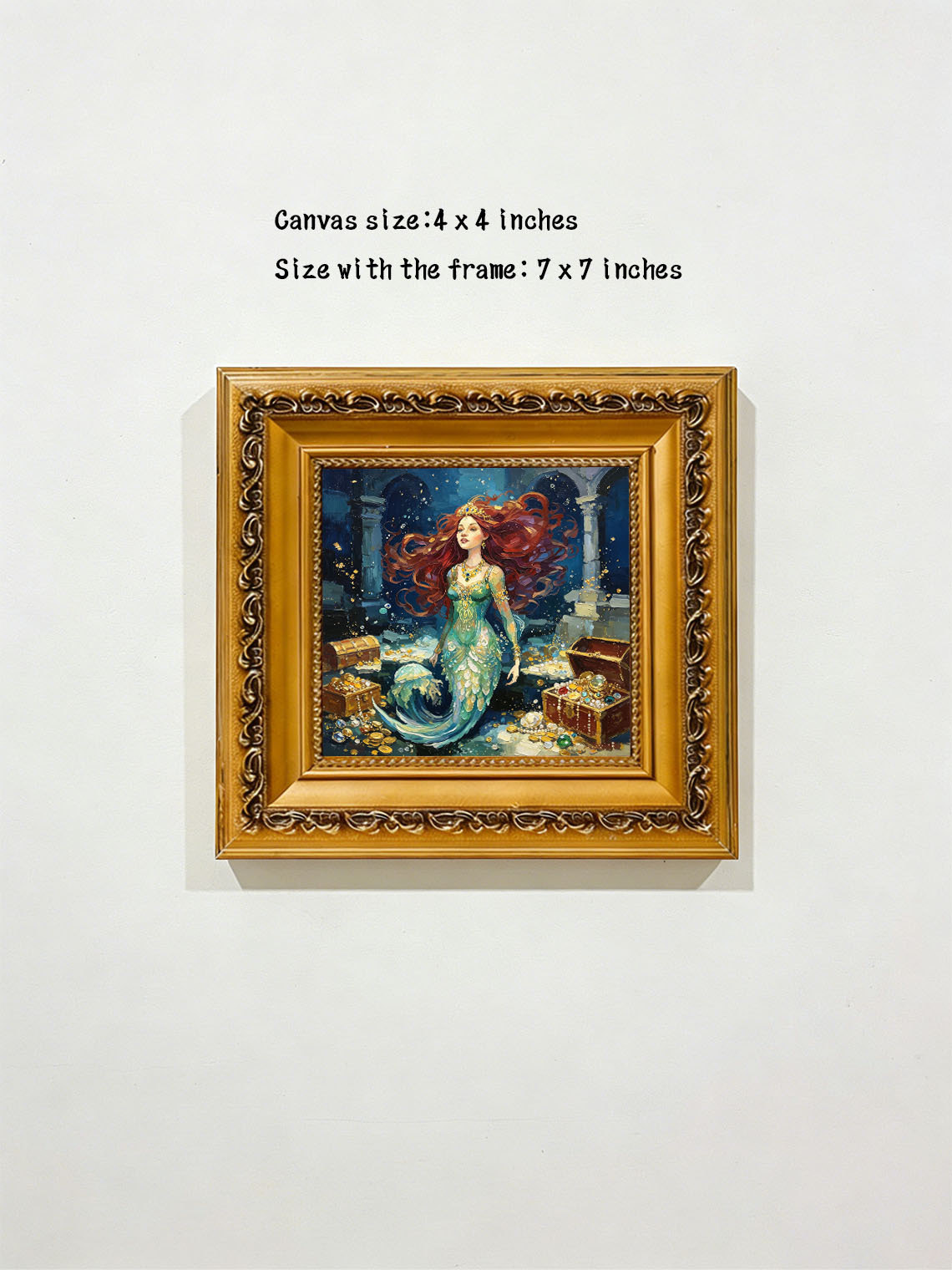 Red‑Haired Mermaid With Underwater Treasure Hand Painted Wall Art Custom oil painting from photo, Gift for friend，Size 4x4