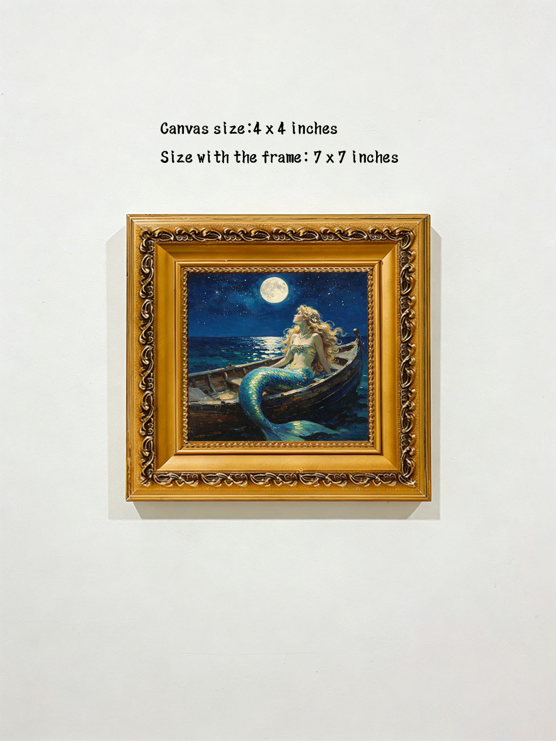 Moonlit Ocean Mermaid In Wooden Boat Hand Painted Wall Art Custom oil painting from photo, Gift for friend，Size 4x4