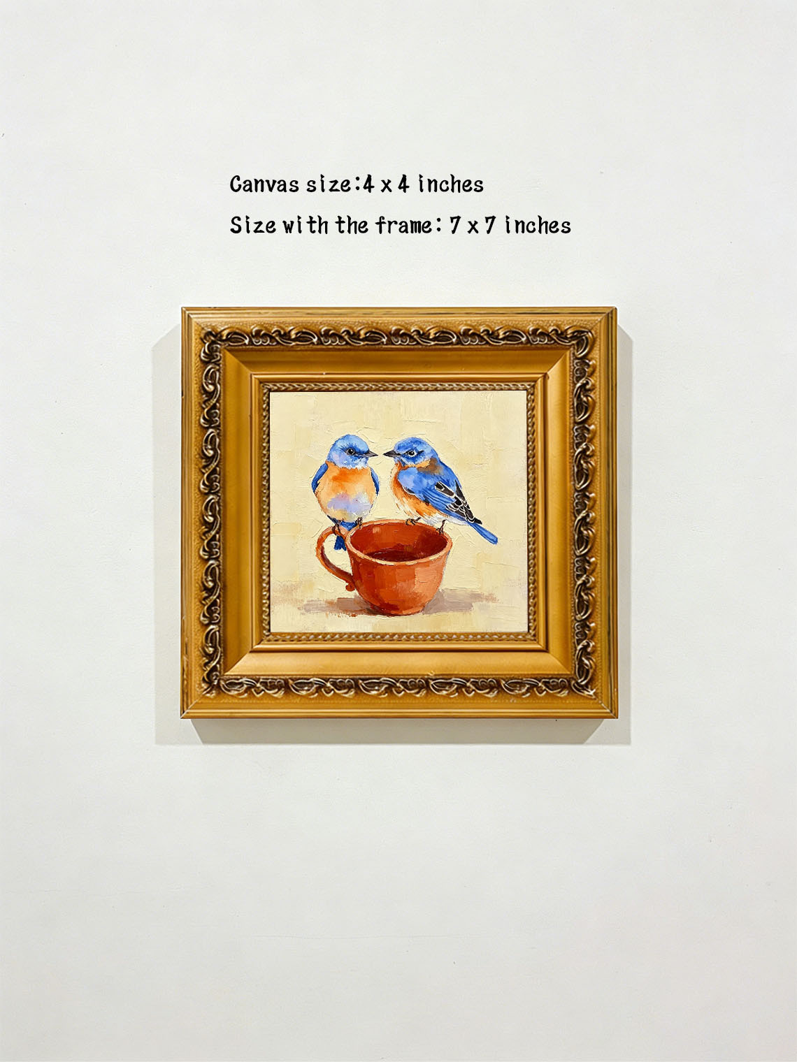 Two Sweet Bluebirds On Terracotta Teacup Hand Painted Wall Art Custom oil painting from photo, Gift for friend，Size 4x4