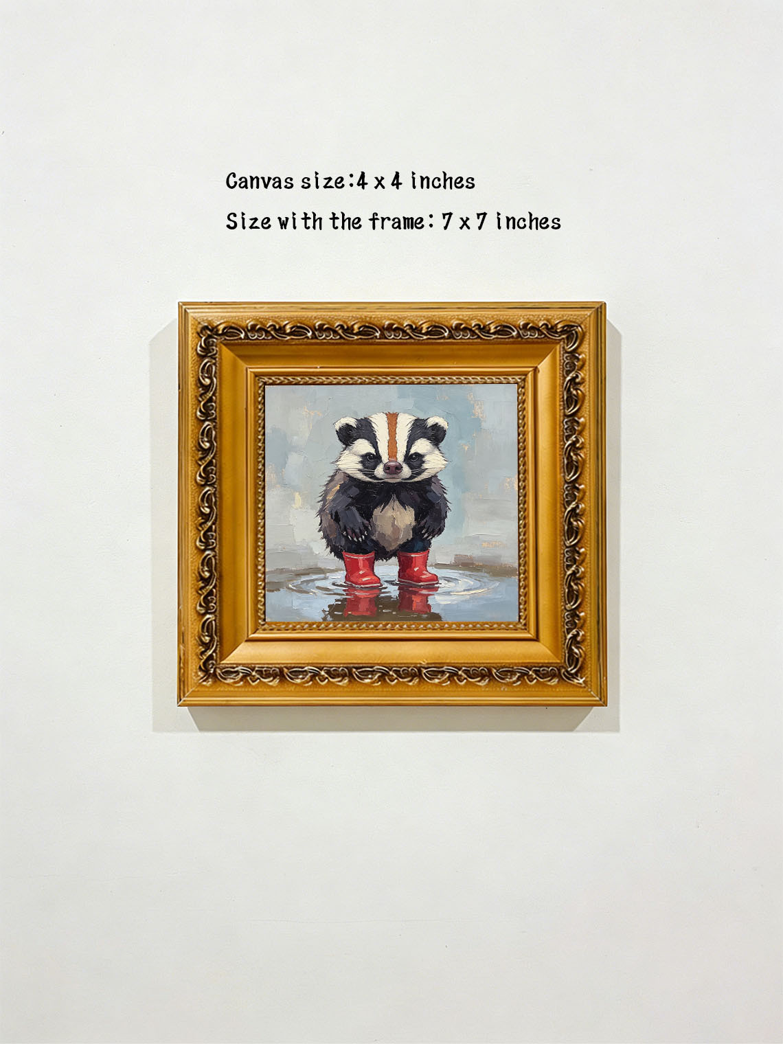 Cute Badger Wearing Red Rain Boots Standing In Puddle Hand Painted Wall Art Custom oil painting from photo, Gift for friend，Size 4x4