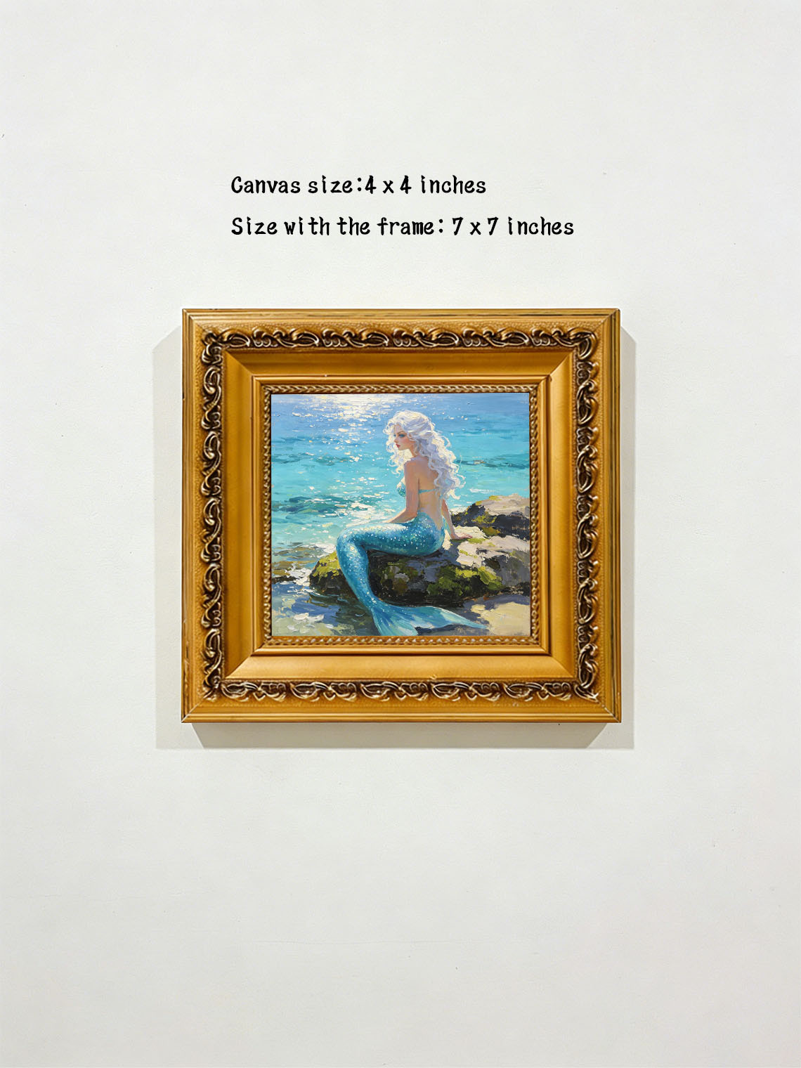 White‑Haired Mermaid Sitting On Coastal Rock By Sparkling Sea Hand Painted Wall Art Custom oil painting from photo, Gift for friend，Size 4x4