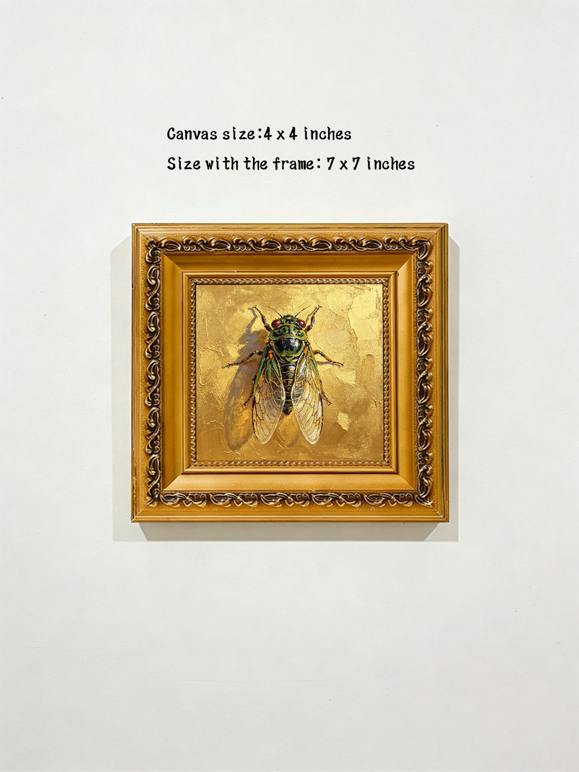 Detailed Cicada Insect Painting On Golden Textured Background Hand Painted Wall Art Custom oil painting from photo, Gift for friend，Size 4x4