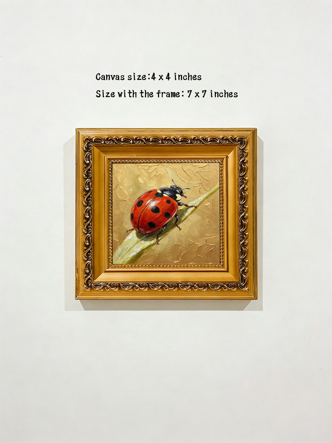 Bright Red Spotted Ladybug On Green Grass Blade Hand Painted Wall Art Custom oil painting from photo, Gift for friend，Size 4x4