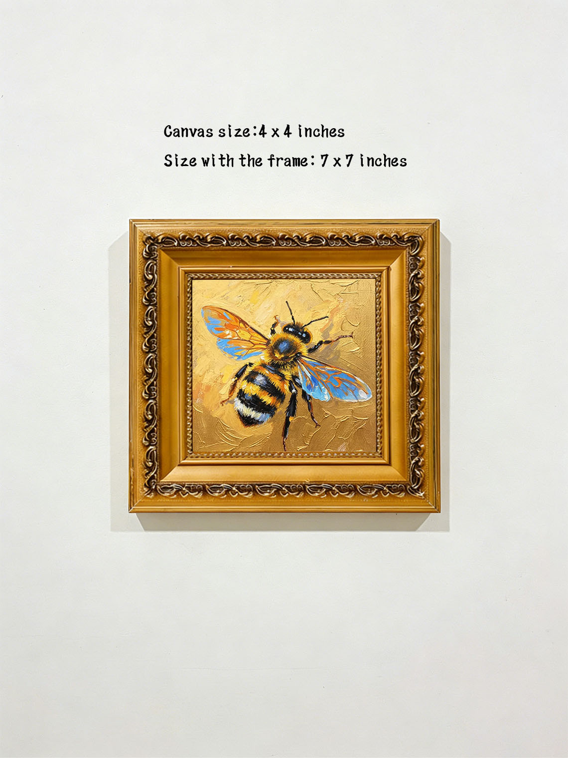 Vibrant Honeybee With Iridescent Blue Wings On Golden Background  Wall Art Custom oil painting from photo, Gift for friend，Size 4x4