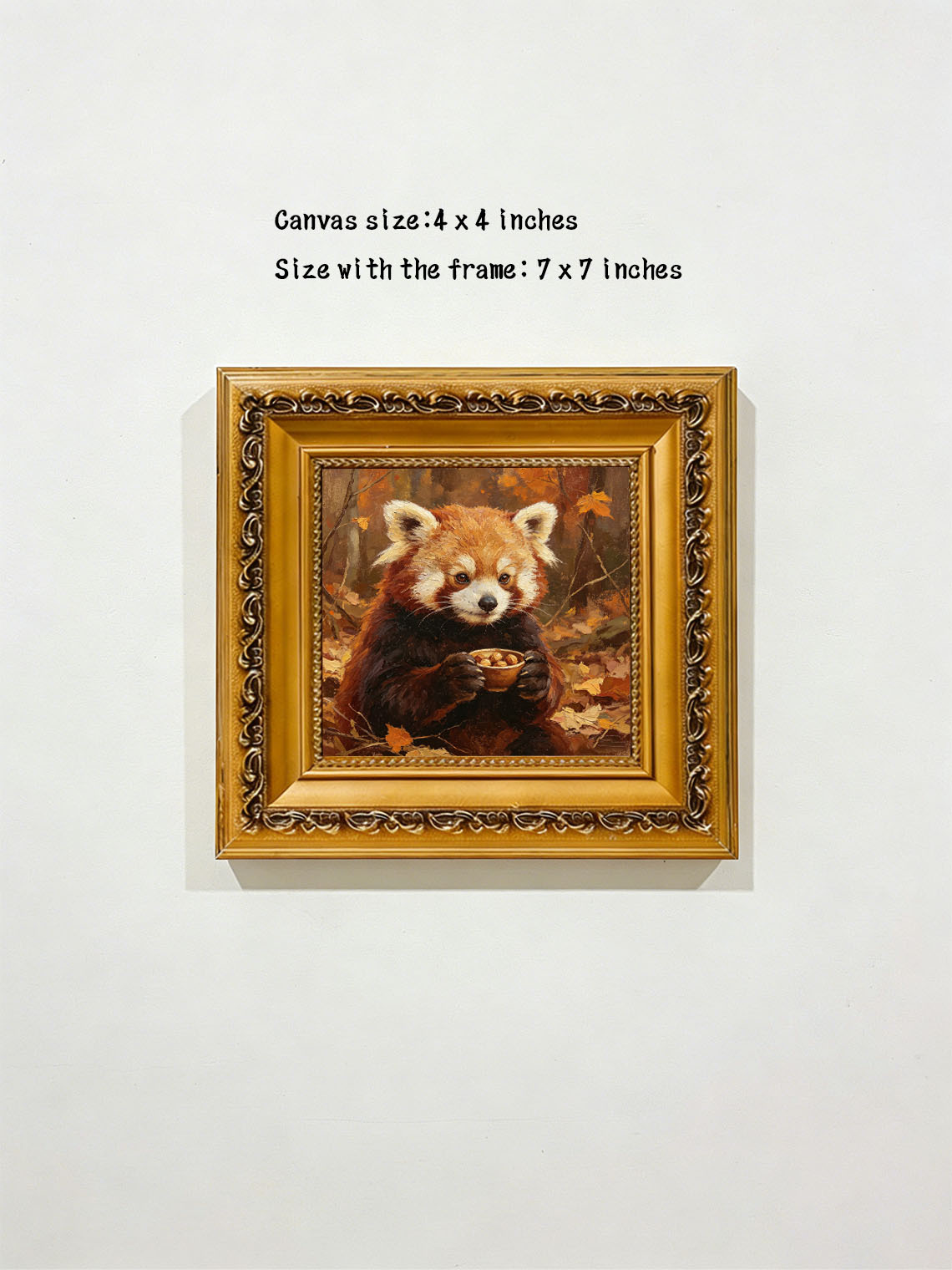 Cute Red Panda Holding Nut Bowl In Autumn Fall Forest Hand Painted Wall Art Custom oil painting from photo, Gift for friend，Size 4x4