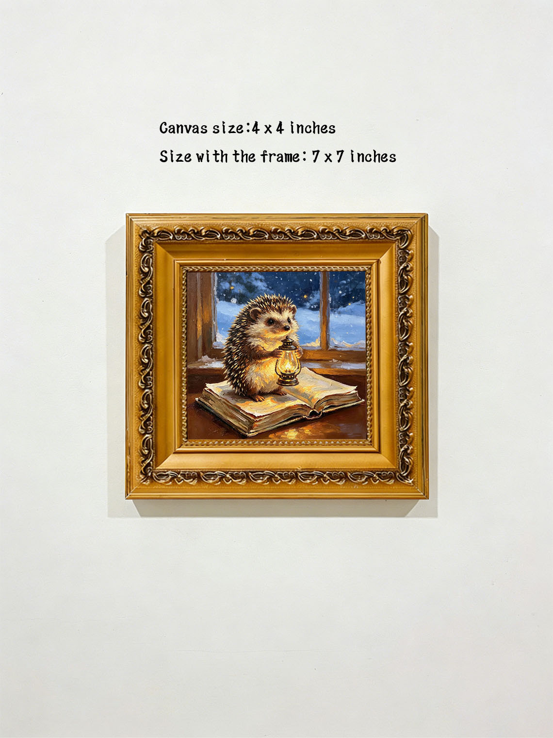 Hedgehog With Glowing Lantern Standing On Open Book By Snowy Winter Window Custom oil painting from photo, Gift for friend，Size 4x4