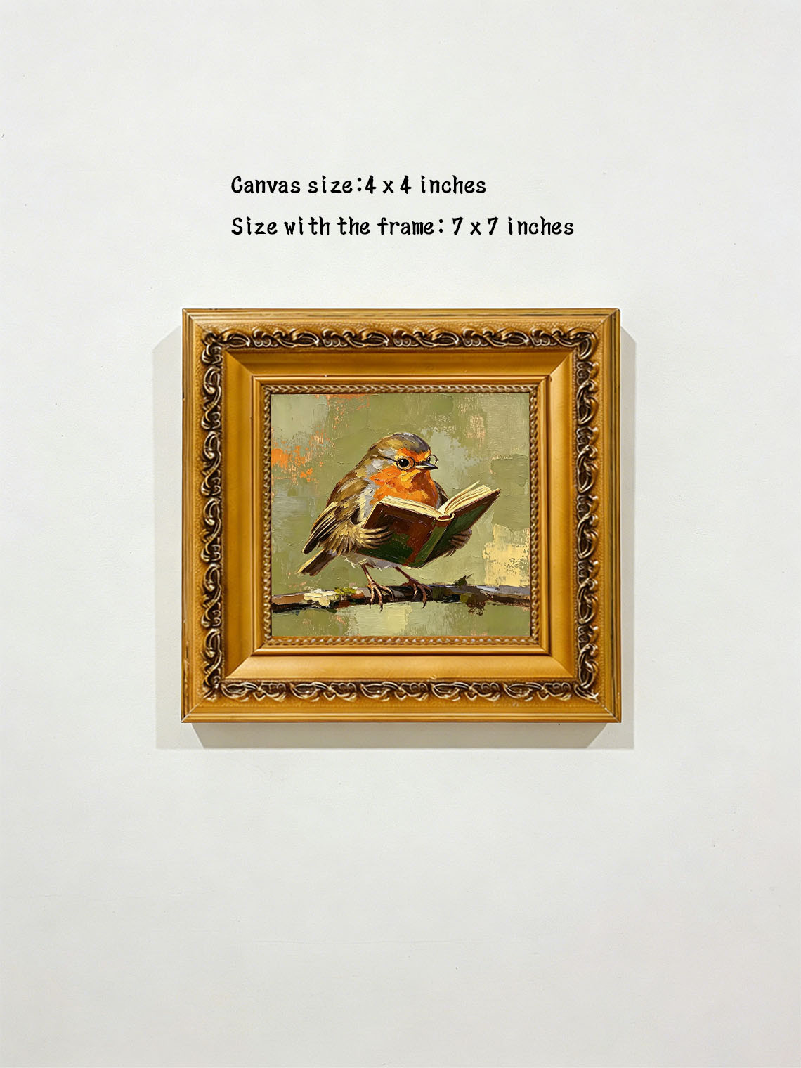 Charming Robin Bird Wearing Glasses Reading Open Book On Branch  Wall Art Custom oil painting from photo, Gift for friend，Size 4x4