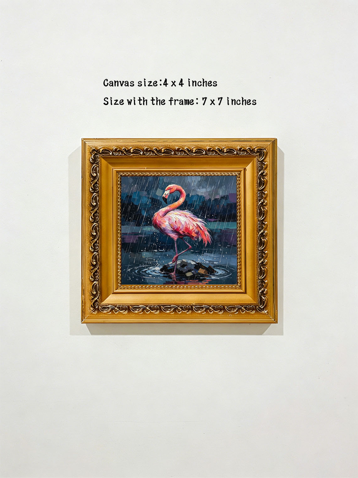 Vibrant Pink Flamingo Standing On Rock In Pouring Rain Over Dark Water  Wall Art Custom oil painting from photo, Gift for friend，Size 4x4
