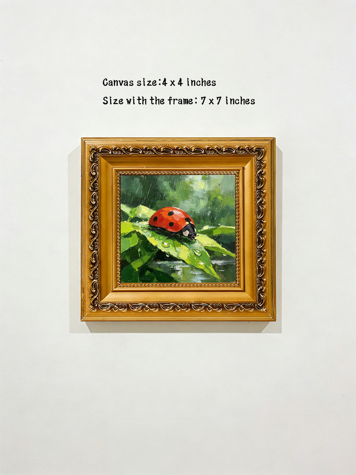 Vivid Red Ladybug On Rain‑Drenched Green Leaf In Lush Foliage Hand Painted Wall Art Custom oil painting from photo, Gift for friend，Size 4x4