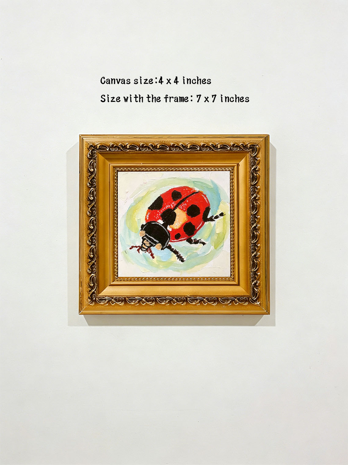 Thick Impasto Red Spotted Ladybug Textured Pastel Background Hand Painted Wall Art Custom oil painting from photo, Gift for friend，Size 4x4