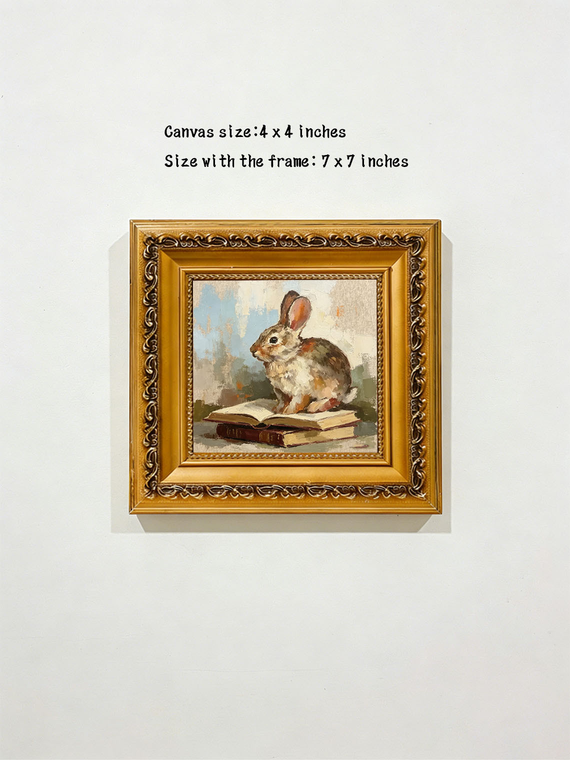 Brown Cottontail Rabbit Sitting On Stacked Old Books Soft Muted Background Custom oil painting from photo, Gift for friend，Size 4x4