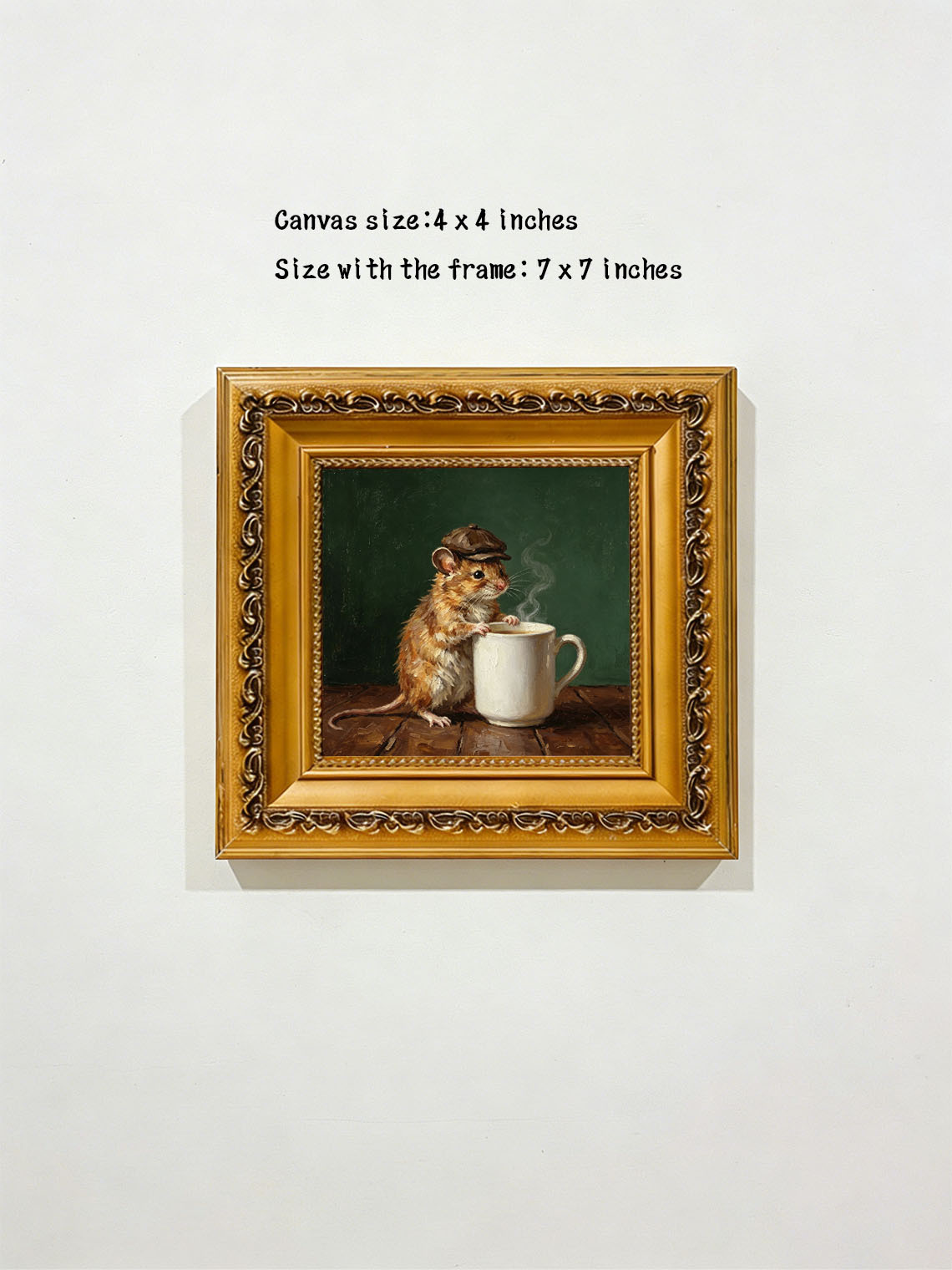 Mouse With Newsboy Cap Leaning On Steaming Coffee Mug Dark Green Background  Custom oil painting from photo, Gift for friend，Size 4x4