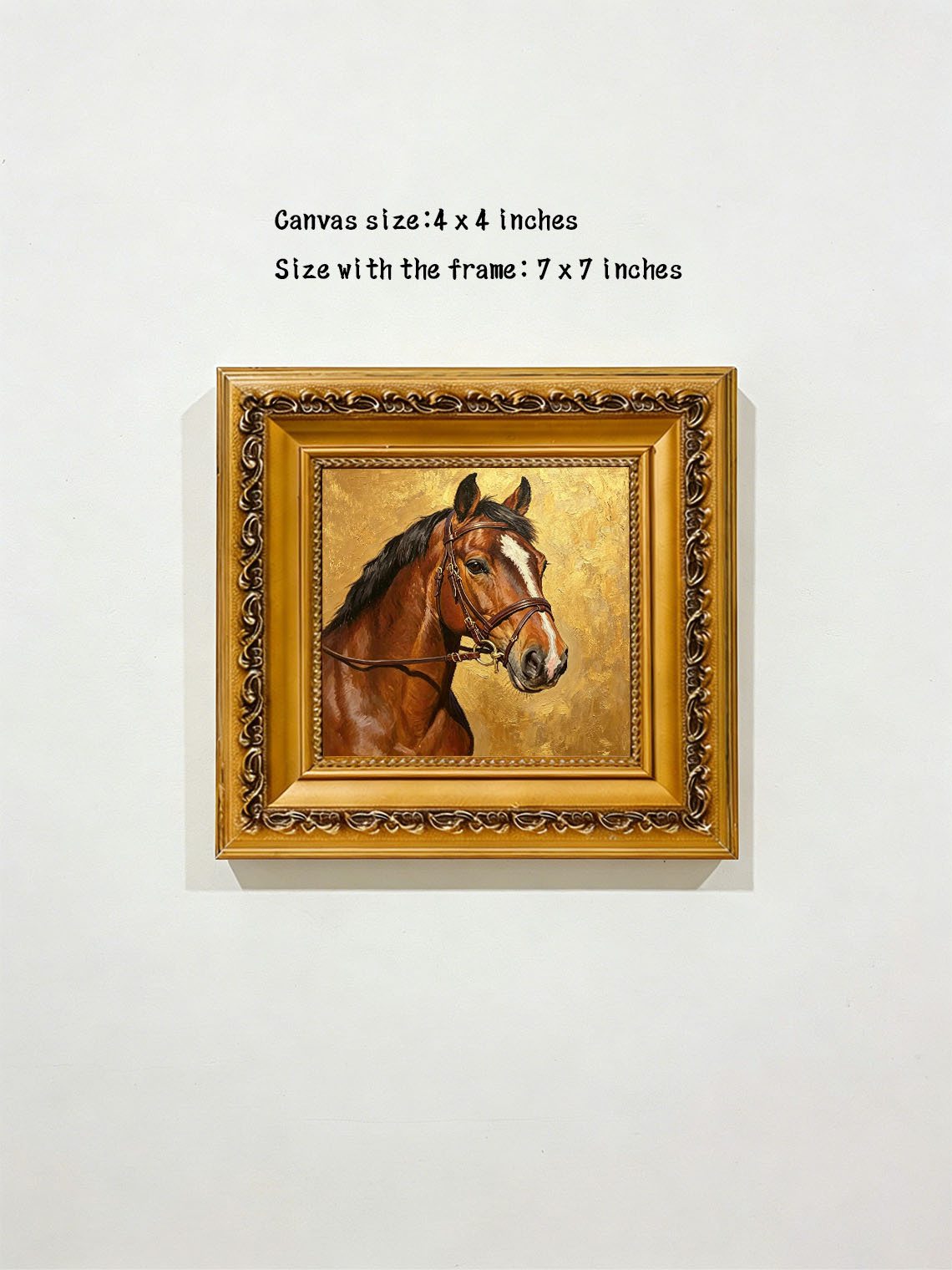 Bay Horse Portrait With Leather Bridle Textured Metallic Gold Background  Wall Art Custom oil painting from photo, Gift for friend，Size 4x4