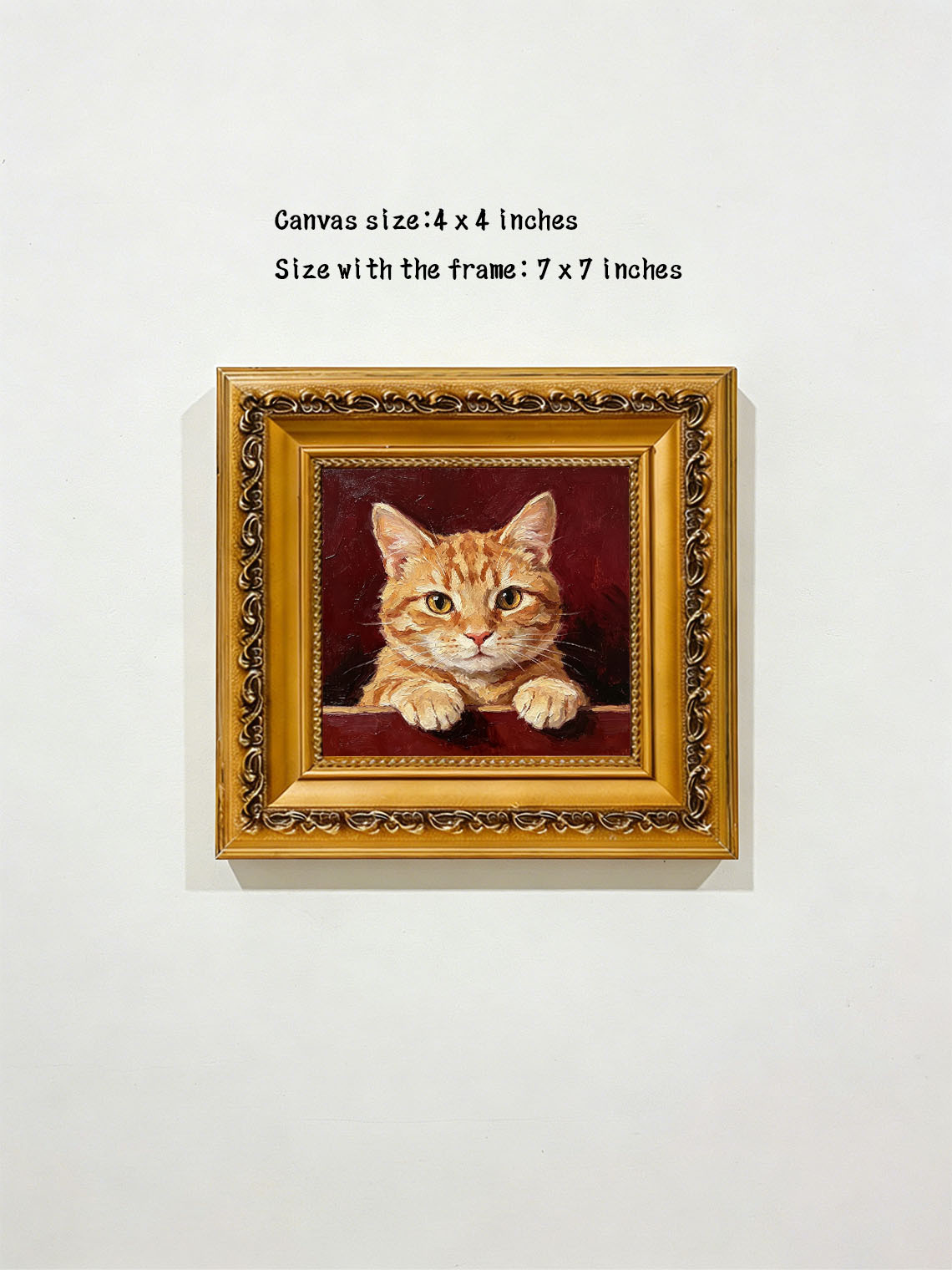 Ginger Tabby Cat Portrait Paws Resting On Edge Deep Burgundy Textured Background  Custom oil painting from photo, Gift for friend，Size 4x4