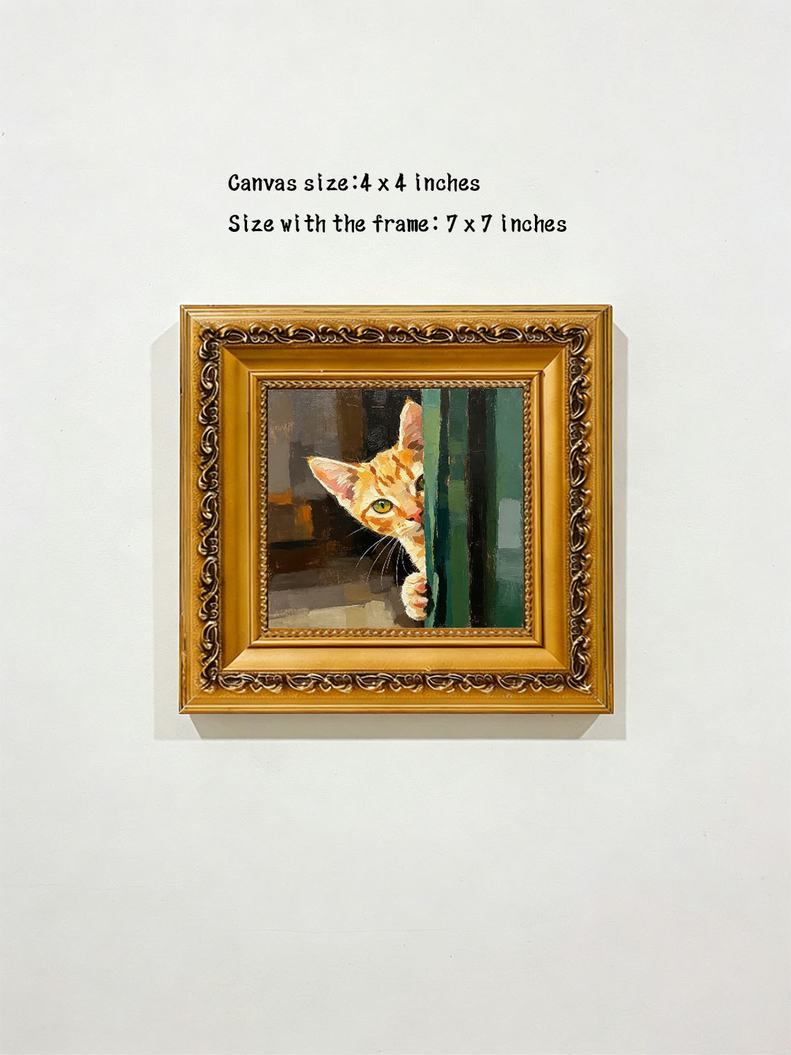 Tabby Kitten Peeking Around Green Door Bold Textured Warm Earth‑Tone Background  Custom oil painting from photo, Gift for friend，Size 4x4
