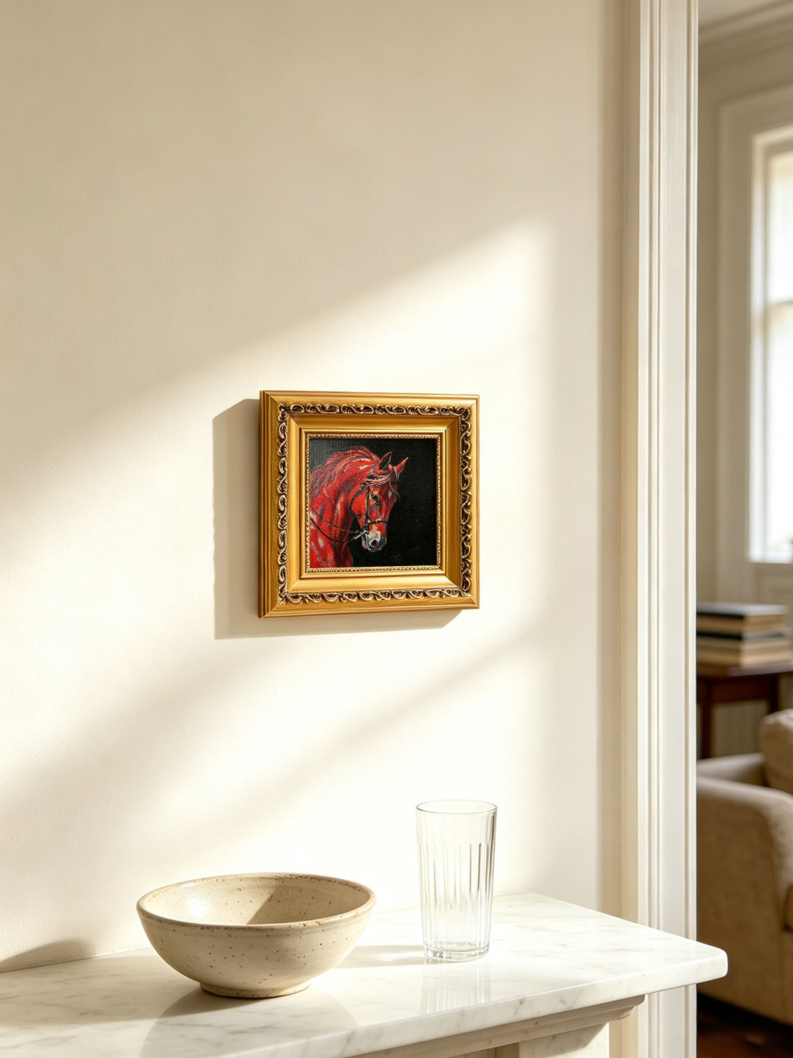 Red Horse Head Portrait custom oil painting from photo, gift for friend, Size 4"×4"
