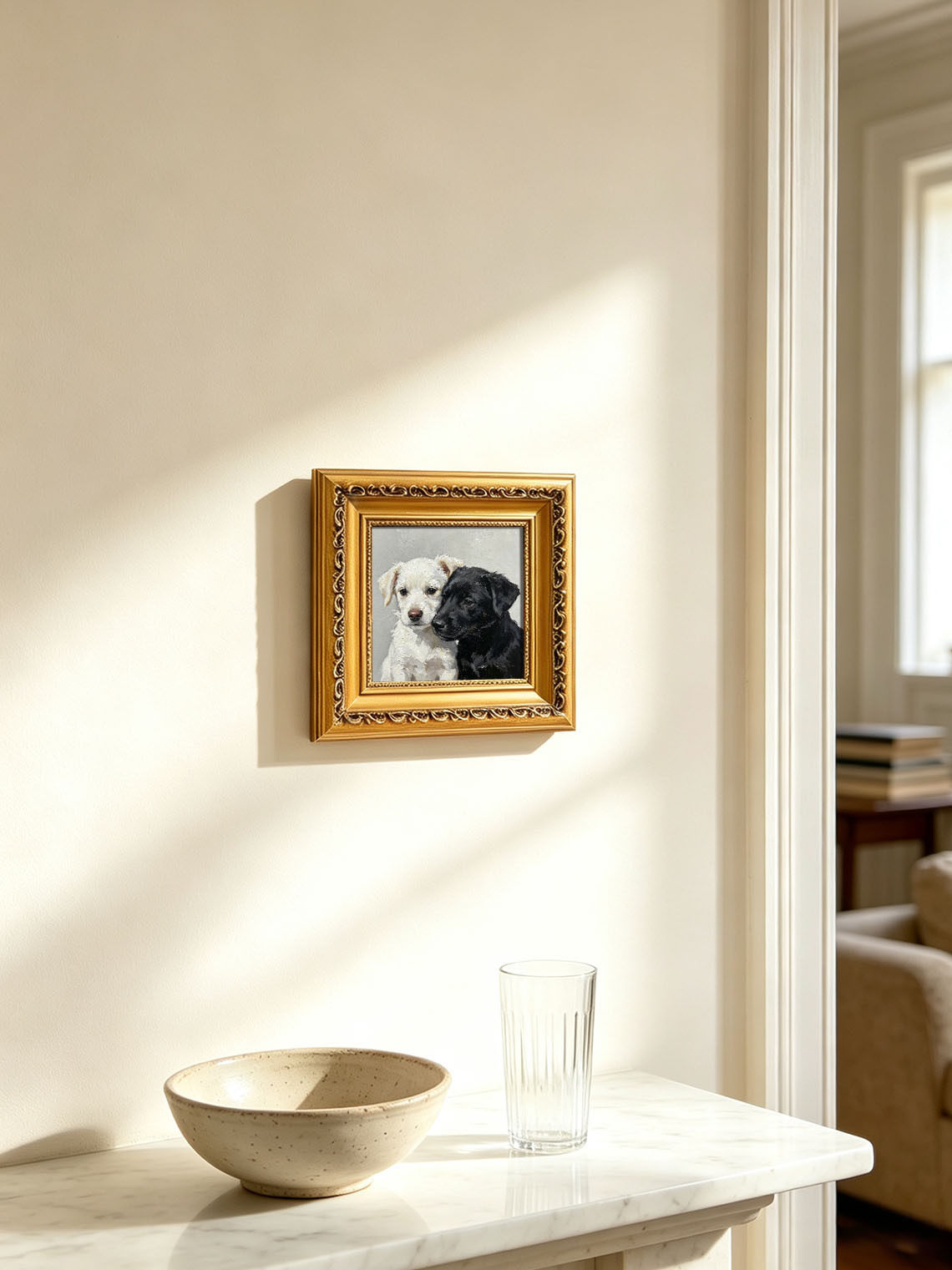 Two Puppies Black White custom oil painting from photo, gift for friend, Size 4"×4"