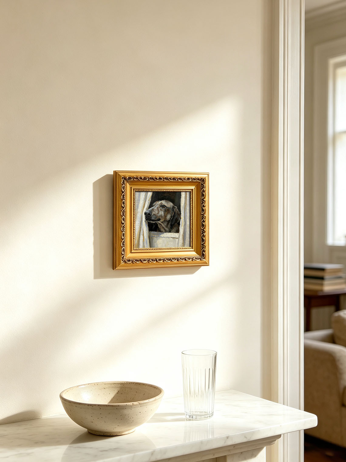 Dog Peeking Through Window custom oil painting from photo, gift for friend, Size 4"×4"