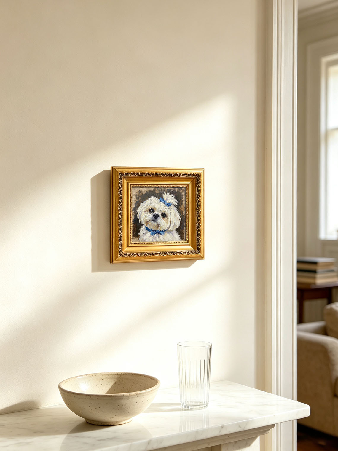 Maltese Dog With Blue Bows custom oil painting from photo, gift for friend, Size 4"×4"