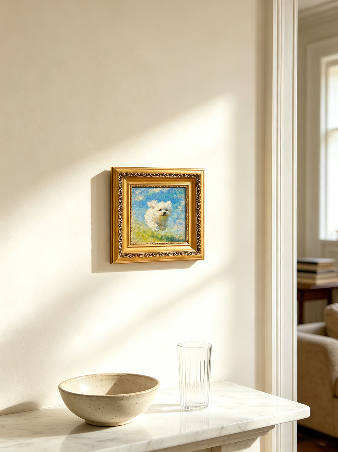 Running White Puppy custom oil painting from photo, gift for friend, Size 4"×4"
