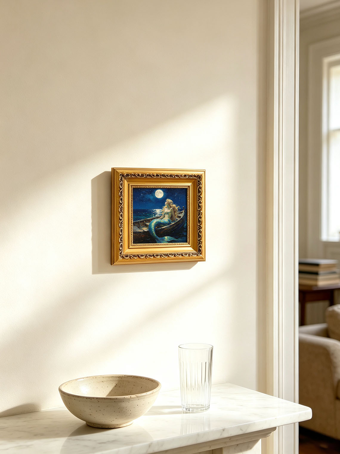 Moonlit Ocean Mermaid In Wooden Boat Hand Painted Wall Art Custom oil painting from photo, Gift for friend，Size 4x4
