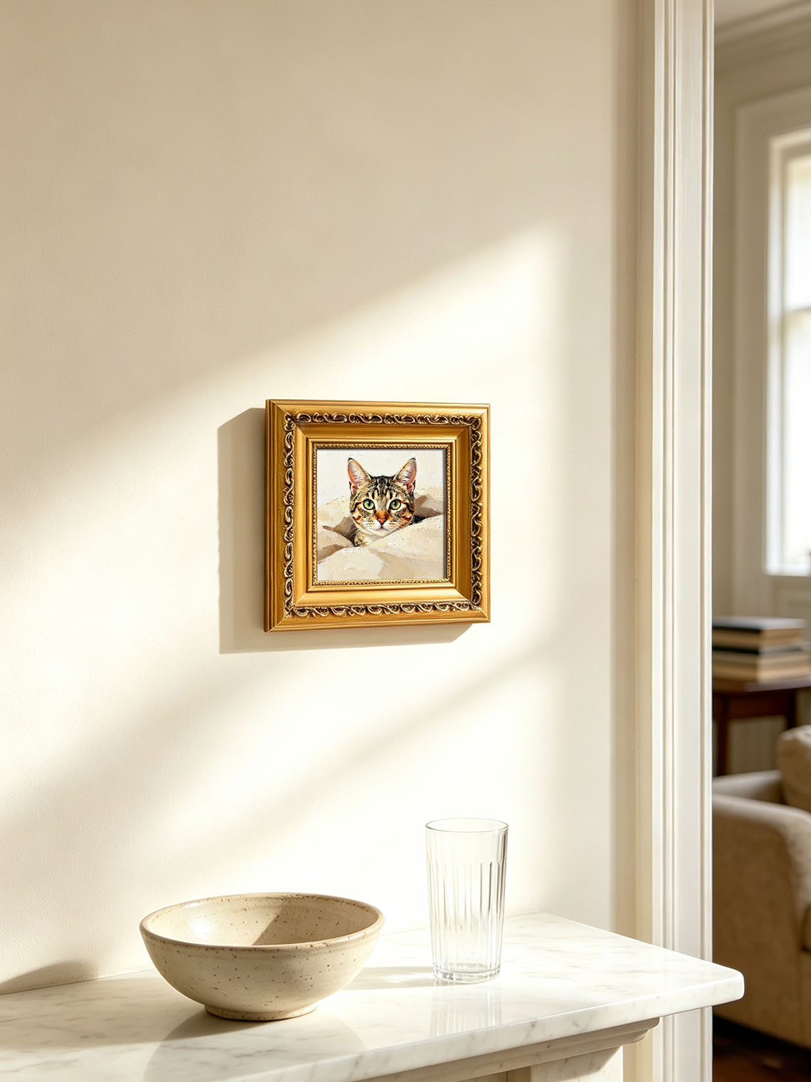 Curious Tabby Kitten Peeking From Paper Bag Hand Painted Wall Art Custom oil painting from photo, Gift for friend，Size 4x4