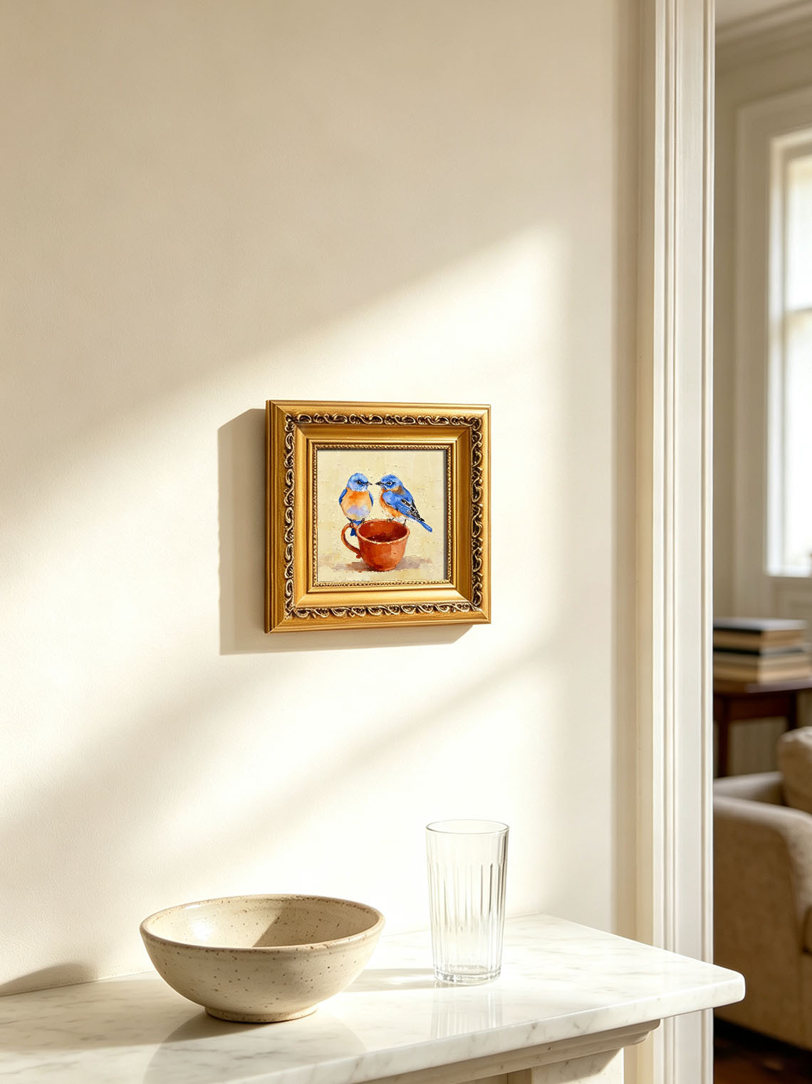 Two Sweet Bluebirds On Terracotta Teacup Hand Painted Wall Art Custom oil painting from photo, Gift for friend，Size 4x4