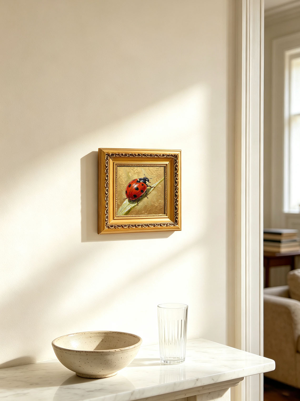 Bright Red Spotted Ladybug On Green Grass Blade Hand Painted Wall Art Custom oil painting from photo, Gift for friend，Size 4x4