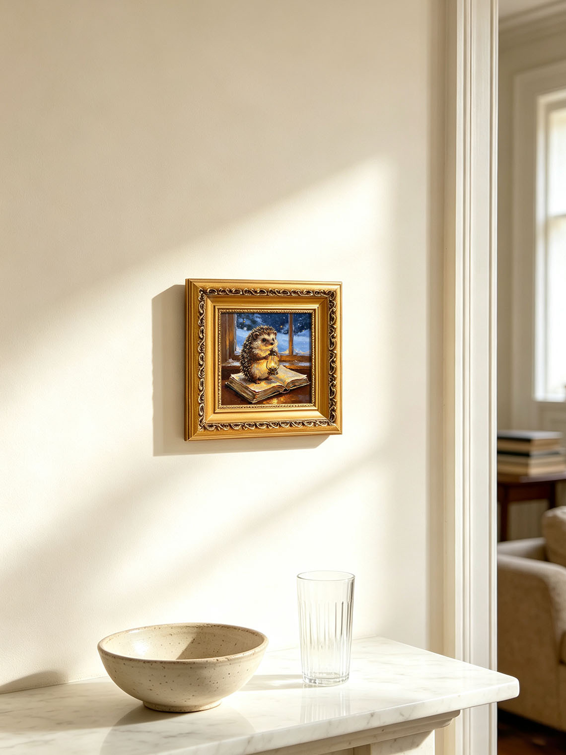 Hedgehog With Glowing Lantern Standing On Open Book By Snowy Winter Window Custom oil painting from photo, Gift for friend，Size 4x4