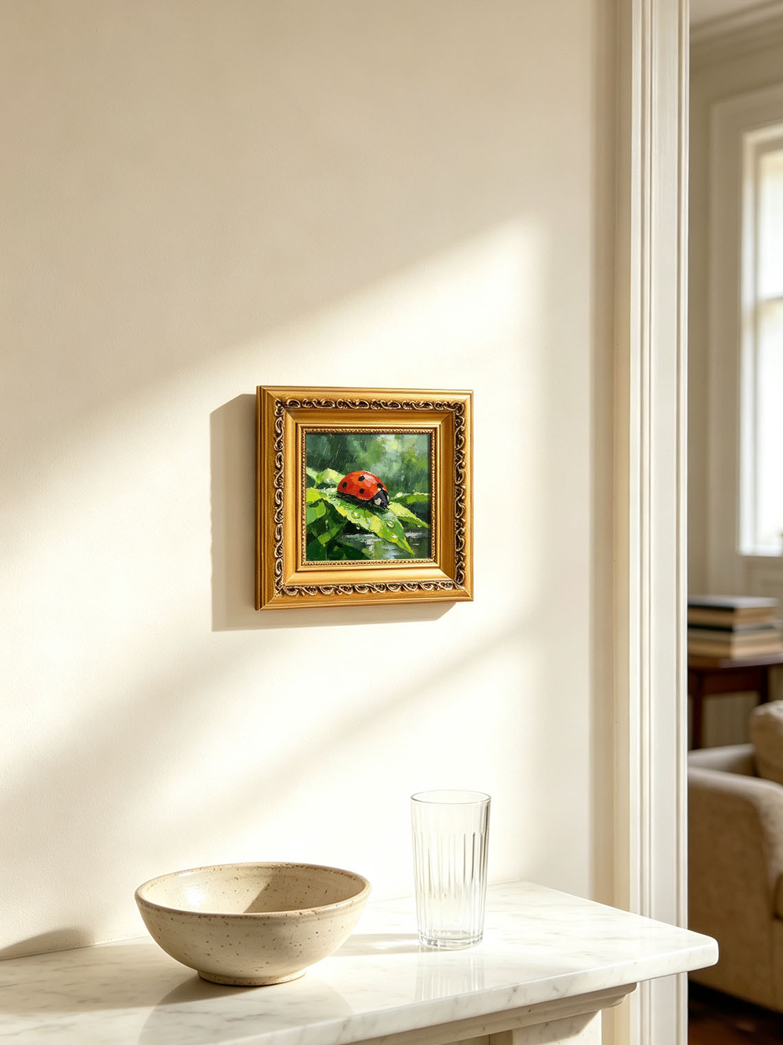 Vivid Red Ladybug On Rain‑Drenched Green Leaf In Lush Foliage Hand Painted Wall Art Custom oil painting from photo, Gift for friend，Size 4x4