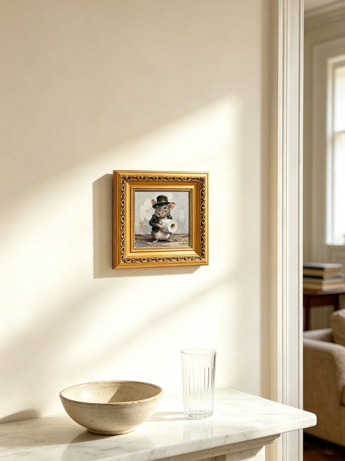 Gentleman Mouse Holding Toilet Paper Roll Neutral Textured Background Custom oil painting from photo, Gift for friend，Size 4x4